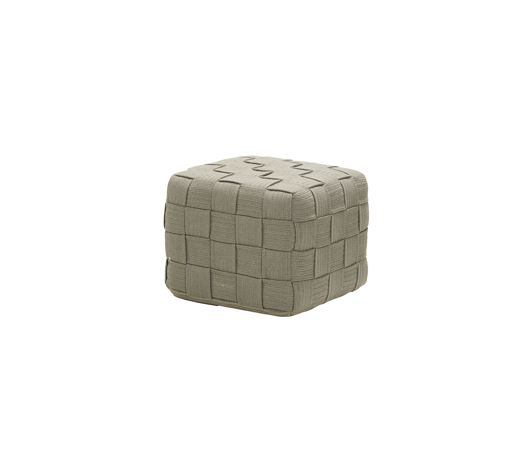 En fyrkantig, texturerad puff med ett vävt mönster i neutral färg, lämplig för olika inredningsstilar.