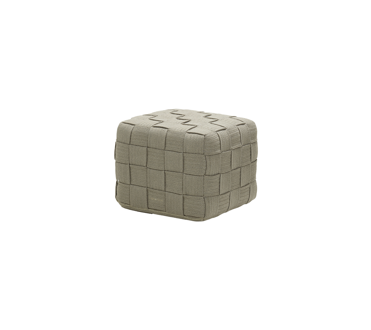 En fyrkantig, texturerad puff med ett vävt mönster i neutral färg, lämplig för olika inredningsstilar.