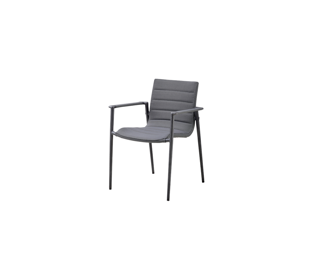 Stilfull grå stol med vadderad sits och ryggstöd med armstöd, designad för komfort och modern inredning.
