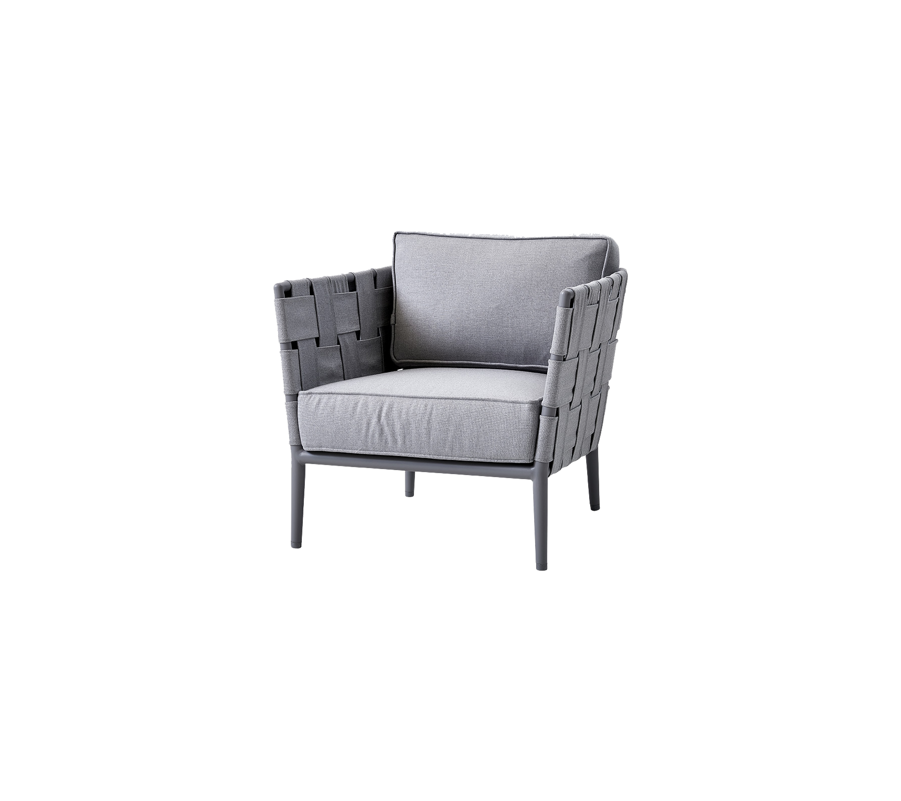 Stilsäker grå fåtölj med vävda detaljer och mjuka kuddar, designad för både komfort och modern estetik. Perfekt för alla miljöer.