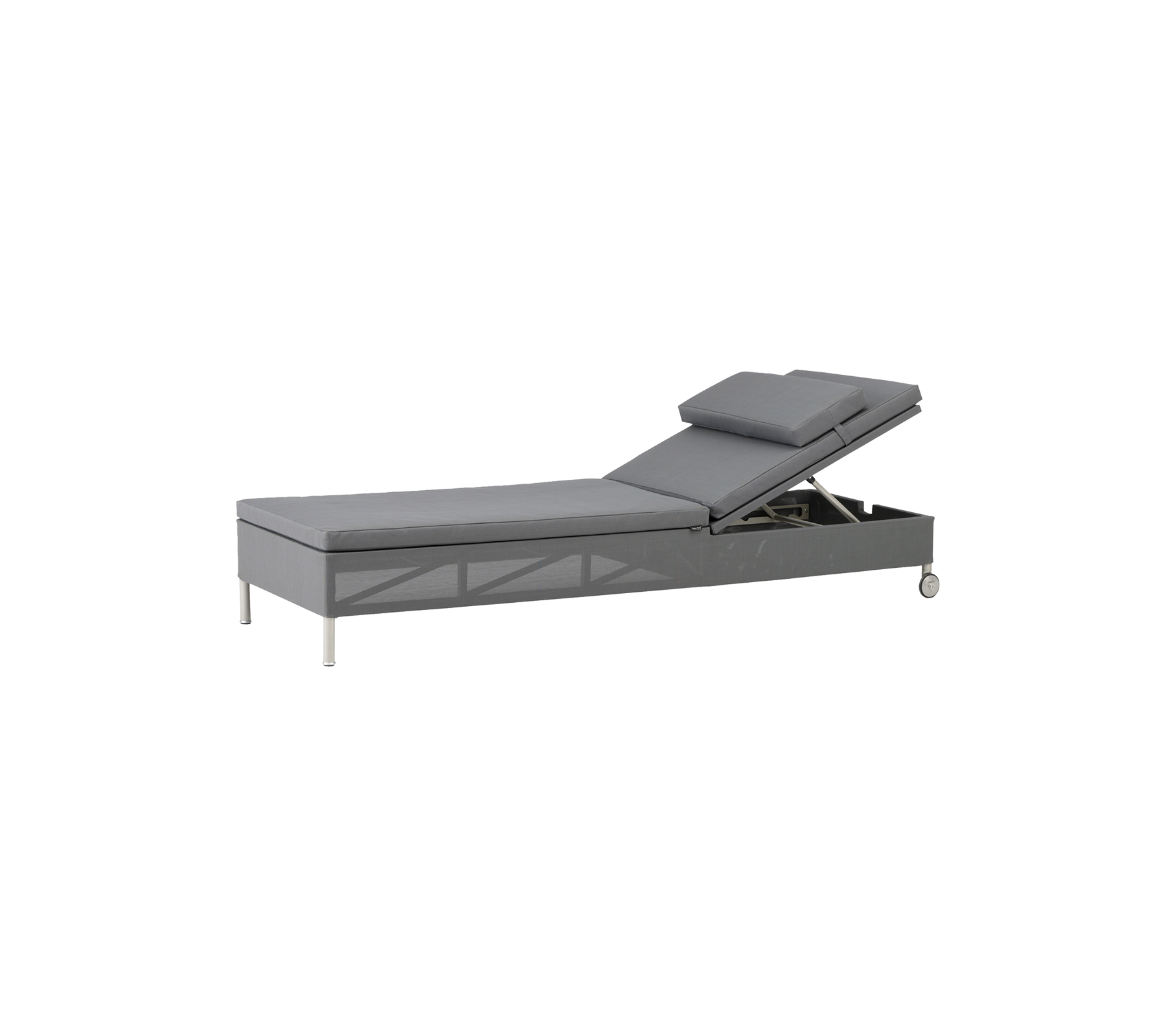 Justérbar grå chaise med ett lutande ryggstöd och inbyggd förvaring, med en elegant design och metallben.