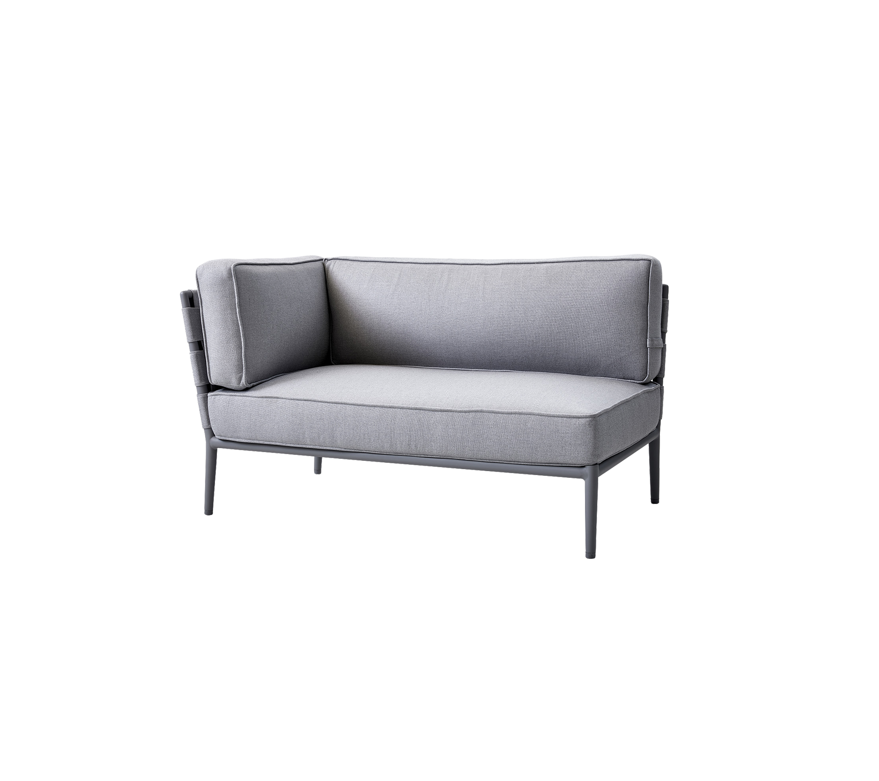 Grå tvåsitssoffa med lyxiga kuddar och en elegant metalram, designad för komfort och modern estetik.