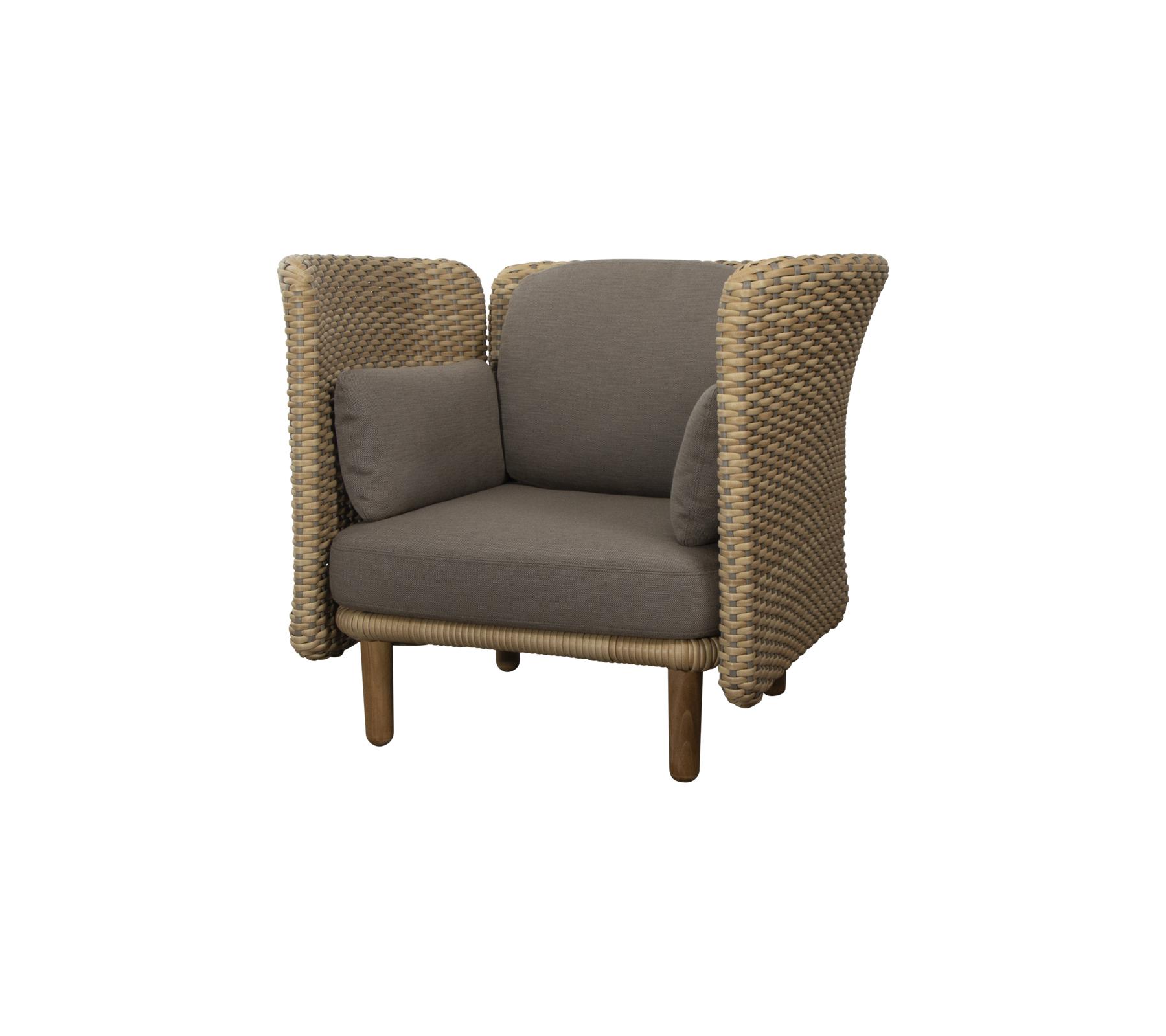 Stilfull fåtölj med vävda sidor och en plyschsittkudde, perfekt för komfort och modern designestetik.