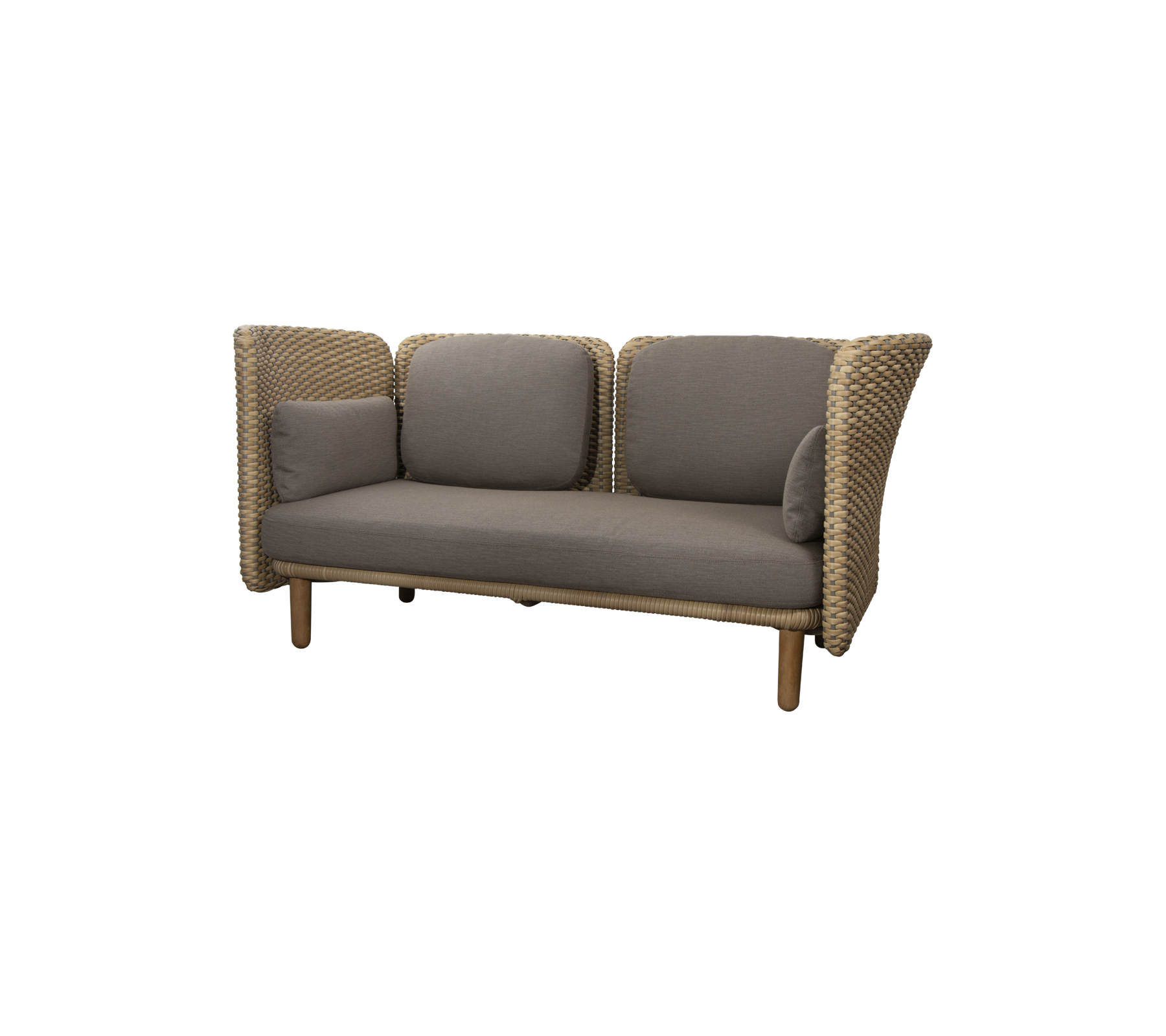 Bekväm soffa med en vävd design, med fluffiga grå kuddar och stödnivåer. Perfekt för moderna sittområden.