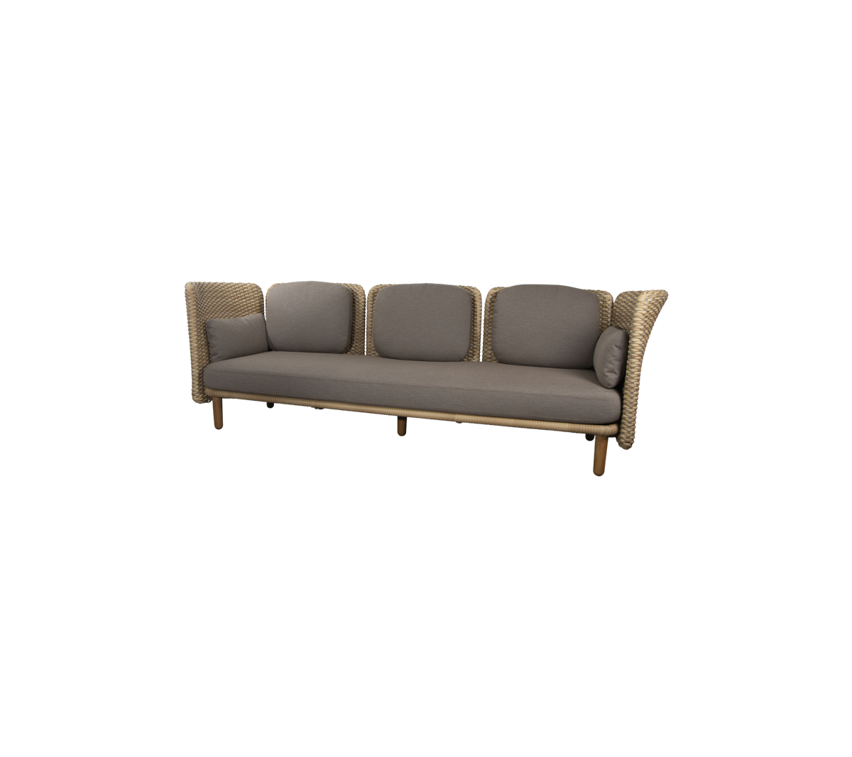 En stilren, fyrasitssoffa med en vävd design och plyschiga, neutrala kuddar för komfort och elegans.