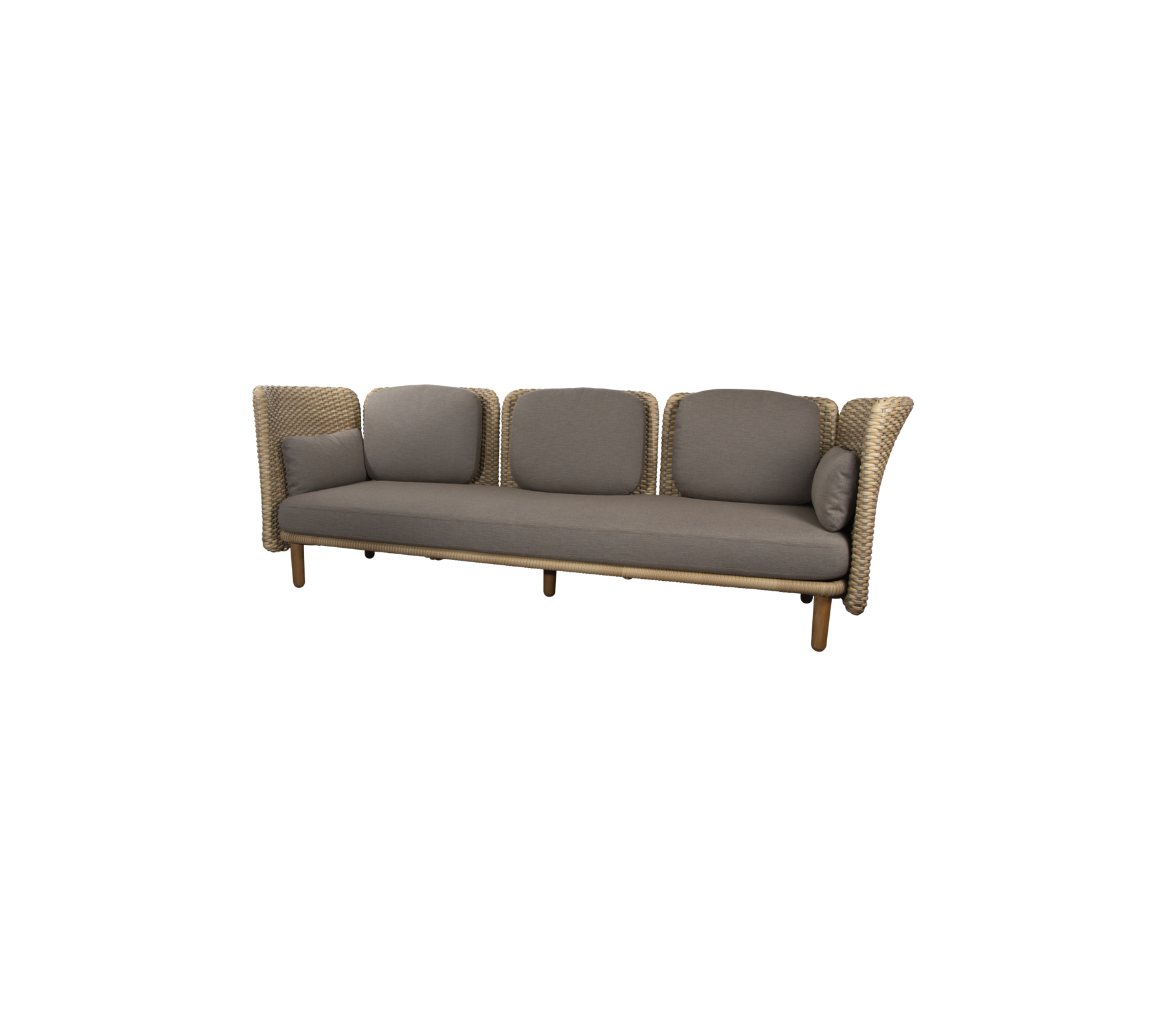 En stilren, fyrasitssoffa med en vävd design och plyschiga, neutrala kuddar för komfort och elegans.