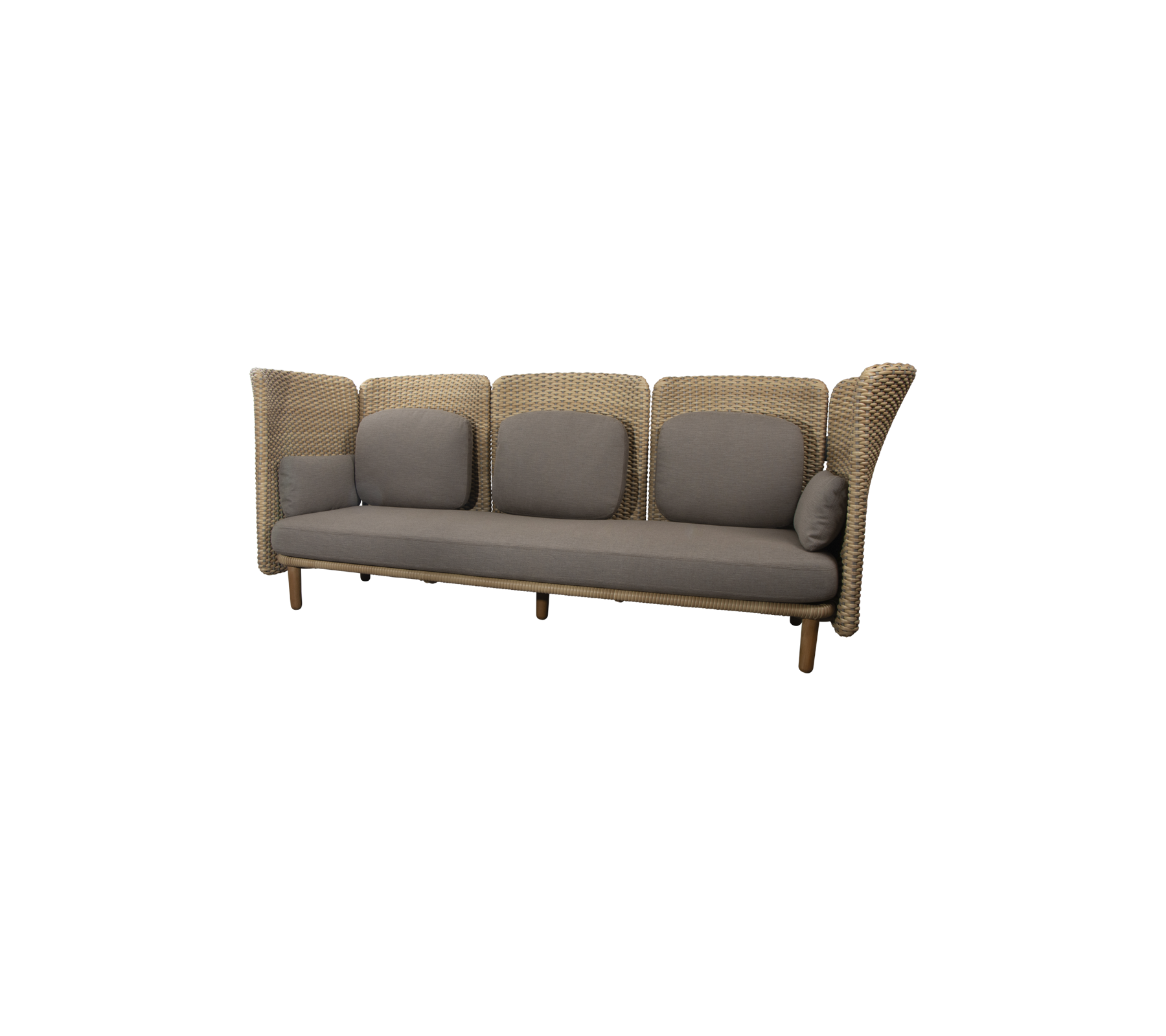 Stilfull tre-sits soffa med vävt mönster och grå kuddar, perfekt för moderna vardagsrum.