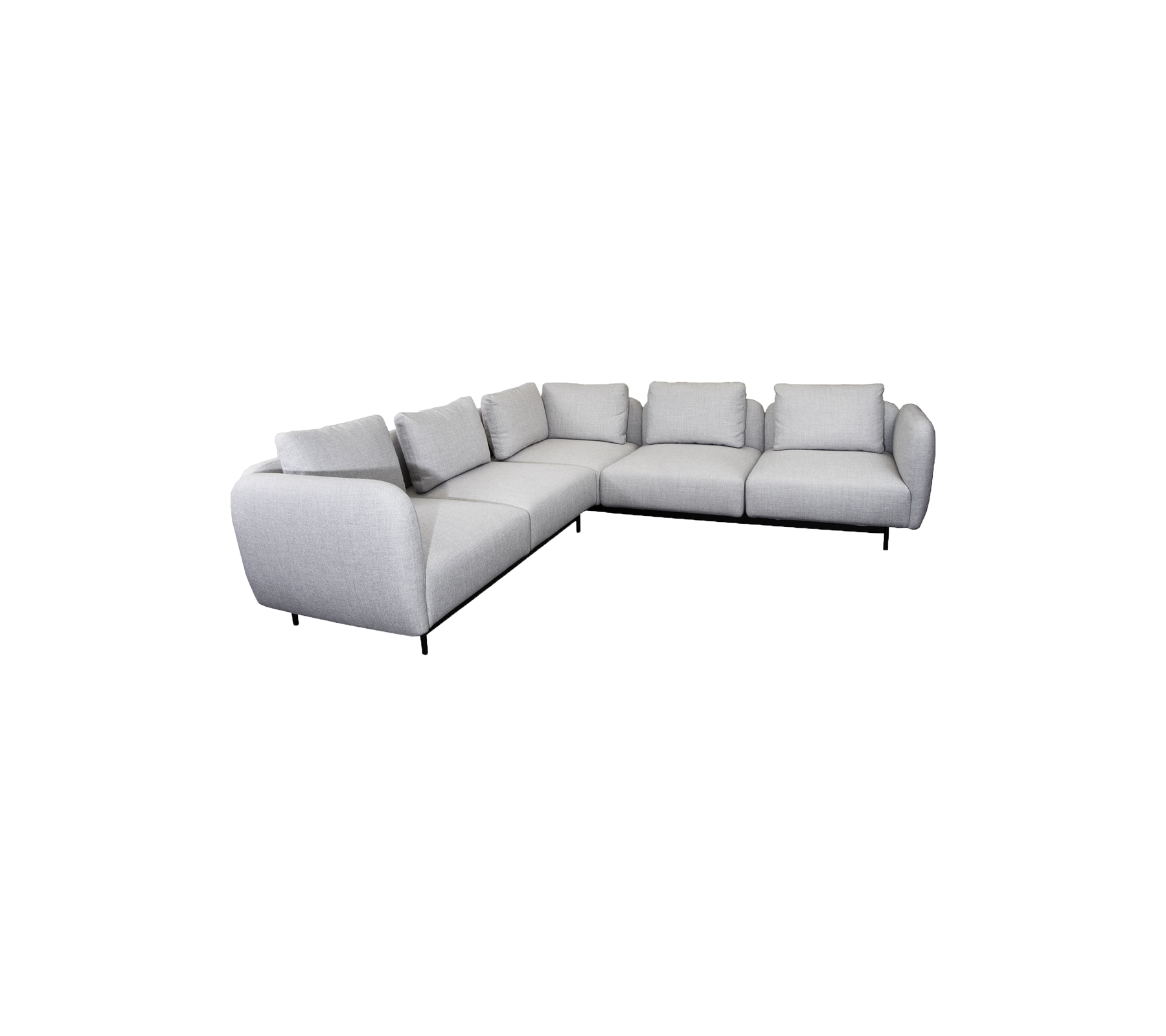 L-format grått hörnsoffa med mjuka kuddar, som har rena linjer och minimalistisk design för modern inredning.