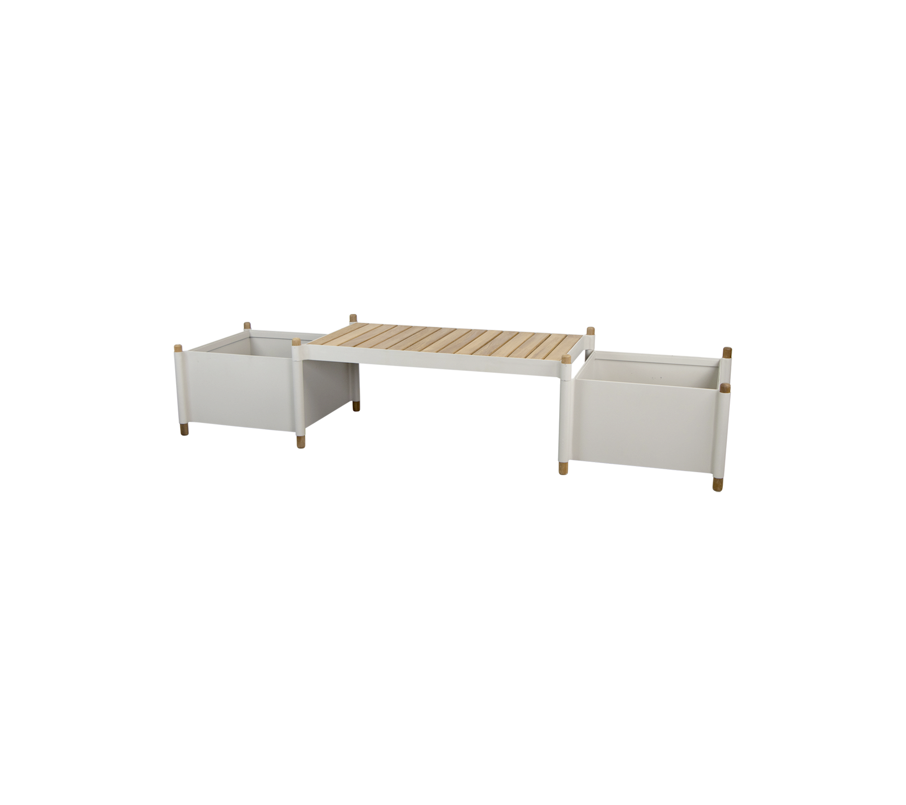 ett modernt förvaringsbord med två vita behållare och en träslatsplatta, designad för mångsidig hemm organization.