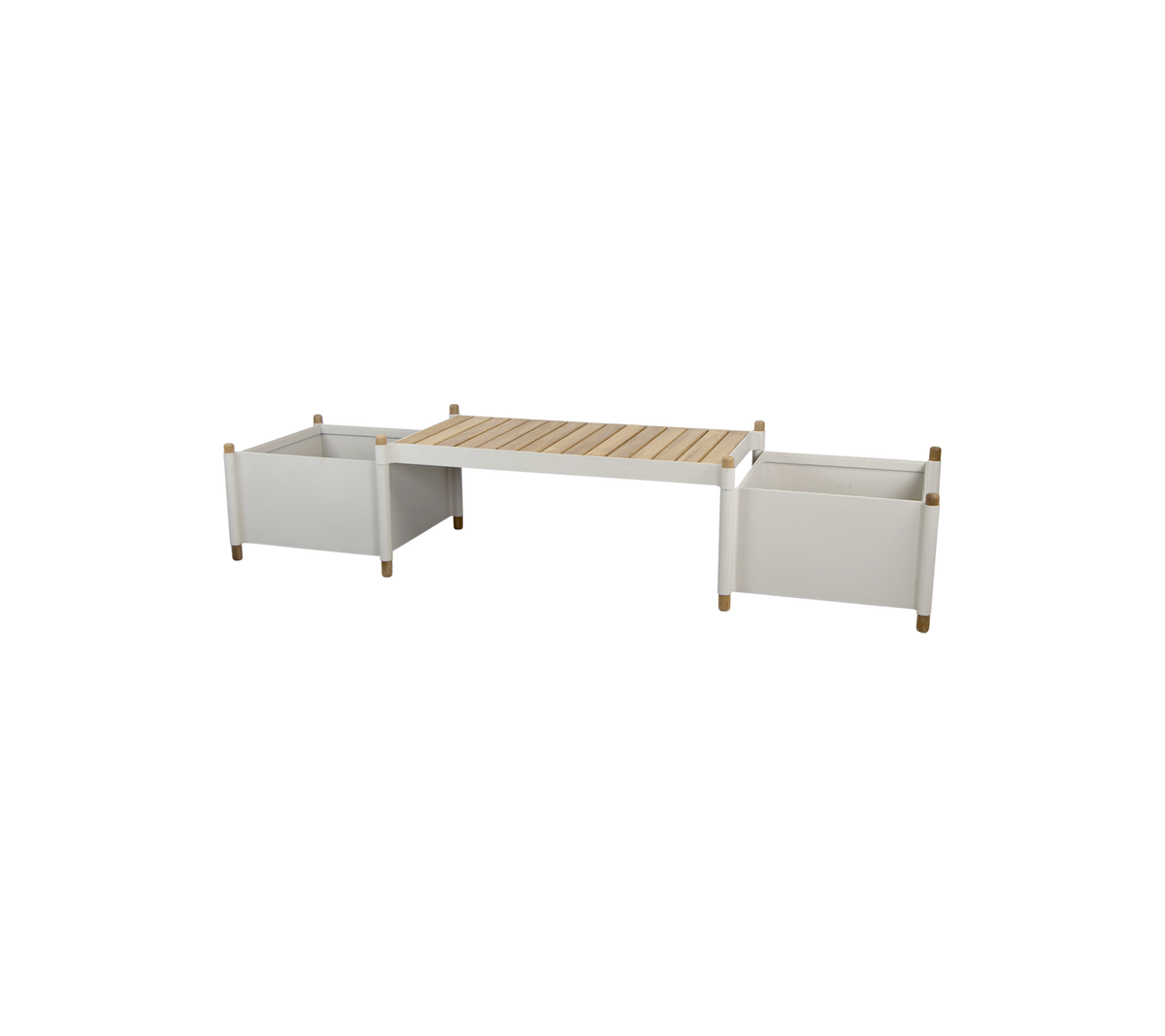 ett modernt förvaringsbord med två vita behållare och en träslatsplatta, designad för mångsidig hemm organization.
