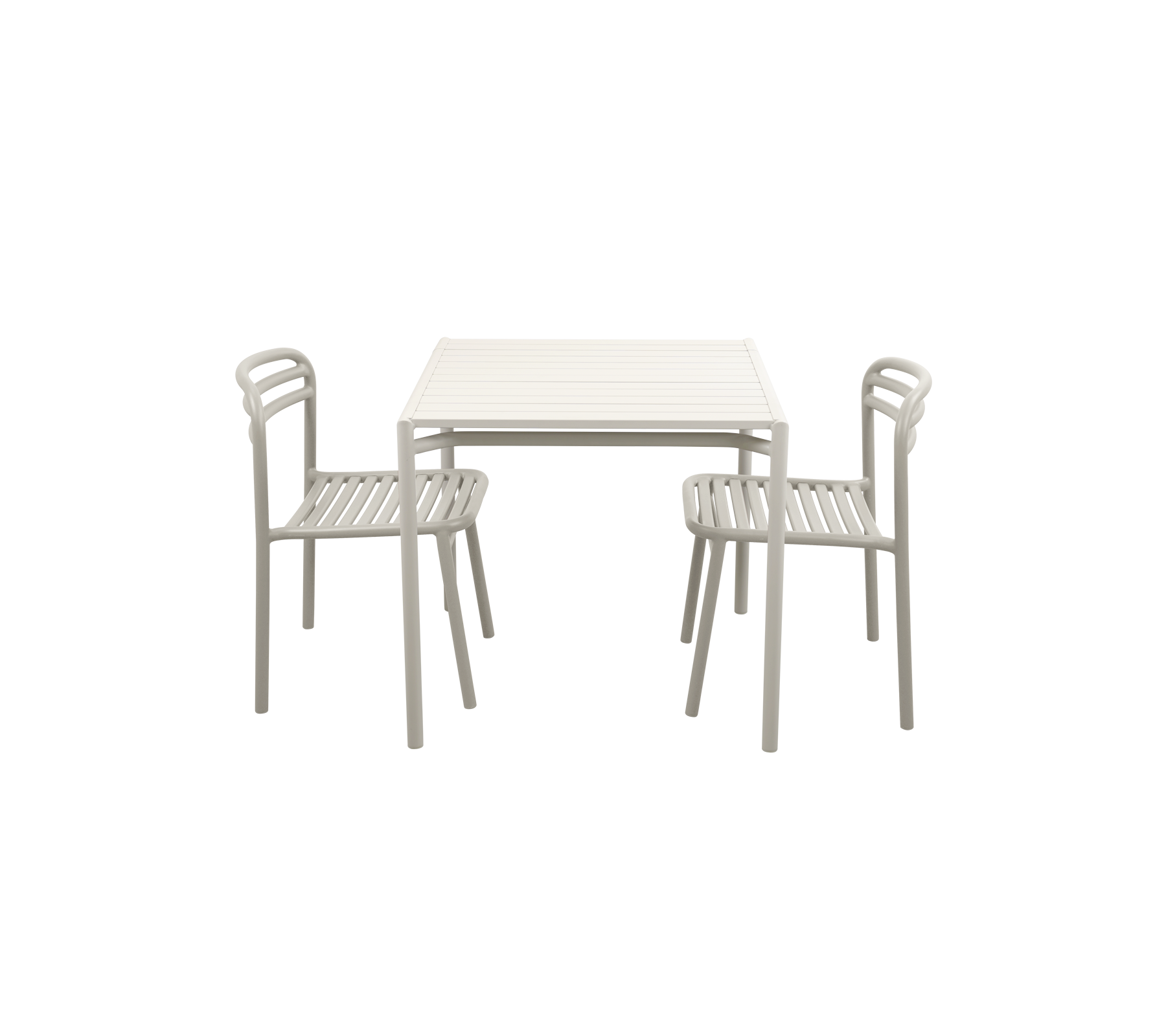 Minimalistiskt bord med två matchande stolar, med en enkel design och ljus färgfinish.