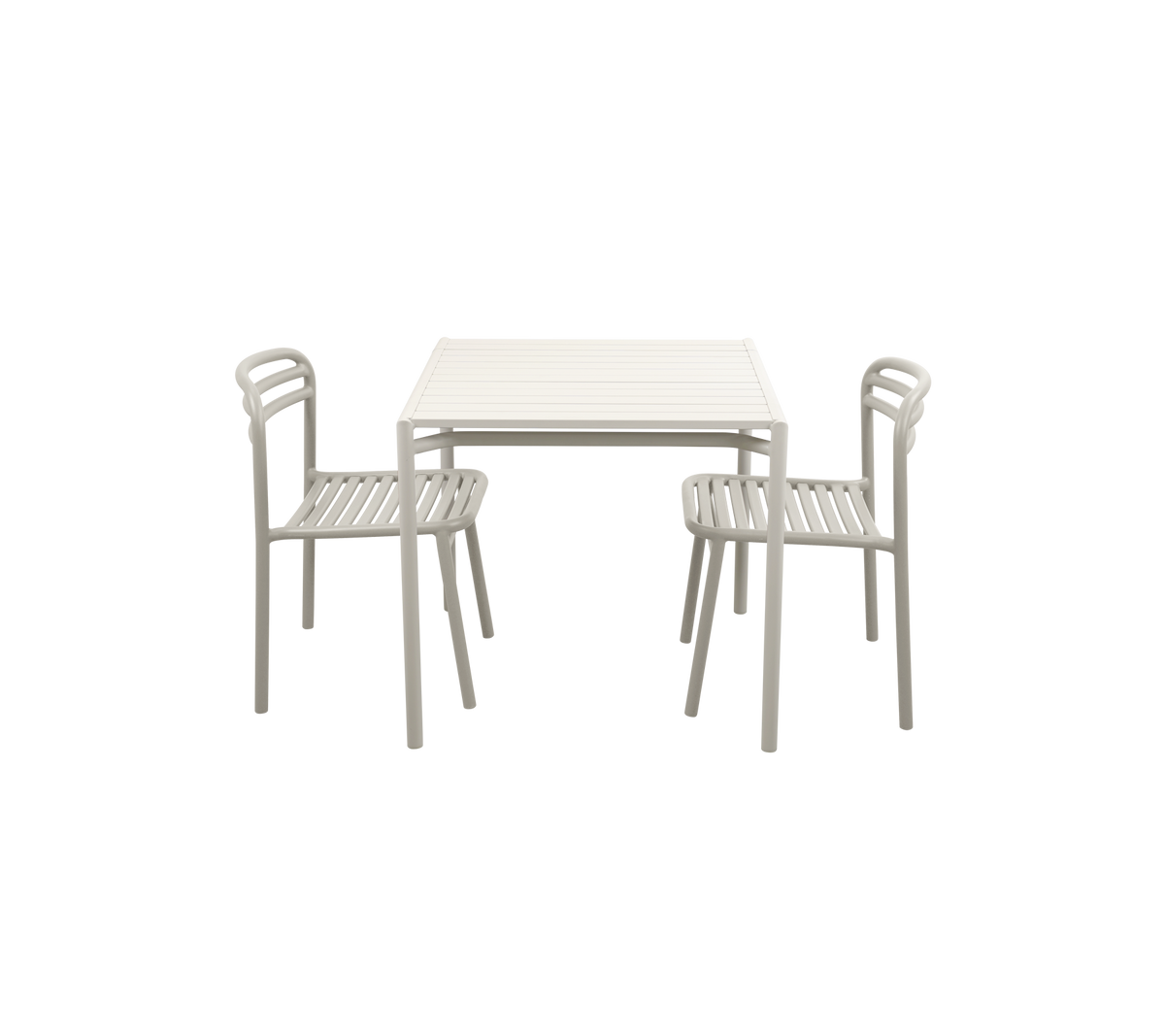 Minimalistiskt bord med två matchande stolar, med en enkel design och ljus färgfinish.