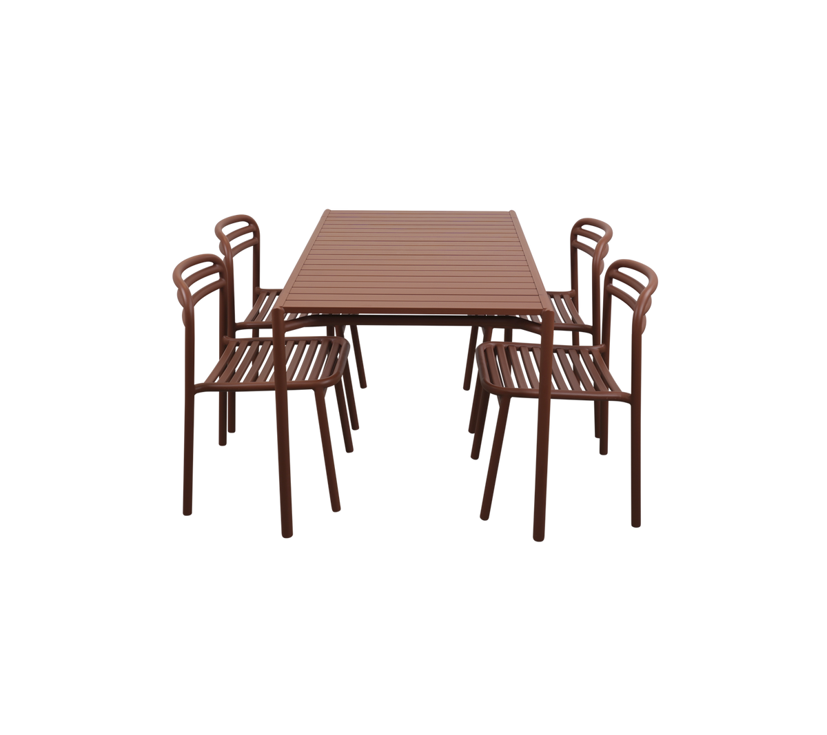 Rektangulärt bord med sex matchande stolar, alla med en elegant brun design och ribbad yta. Ideal för middagar eller sammankomster.