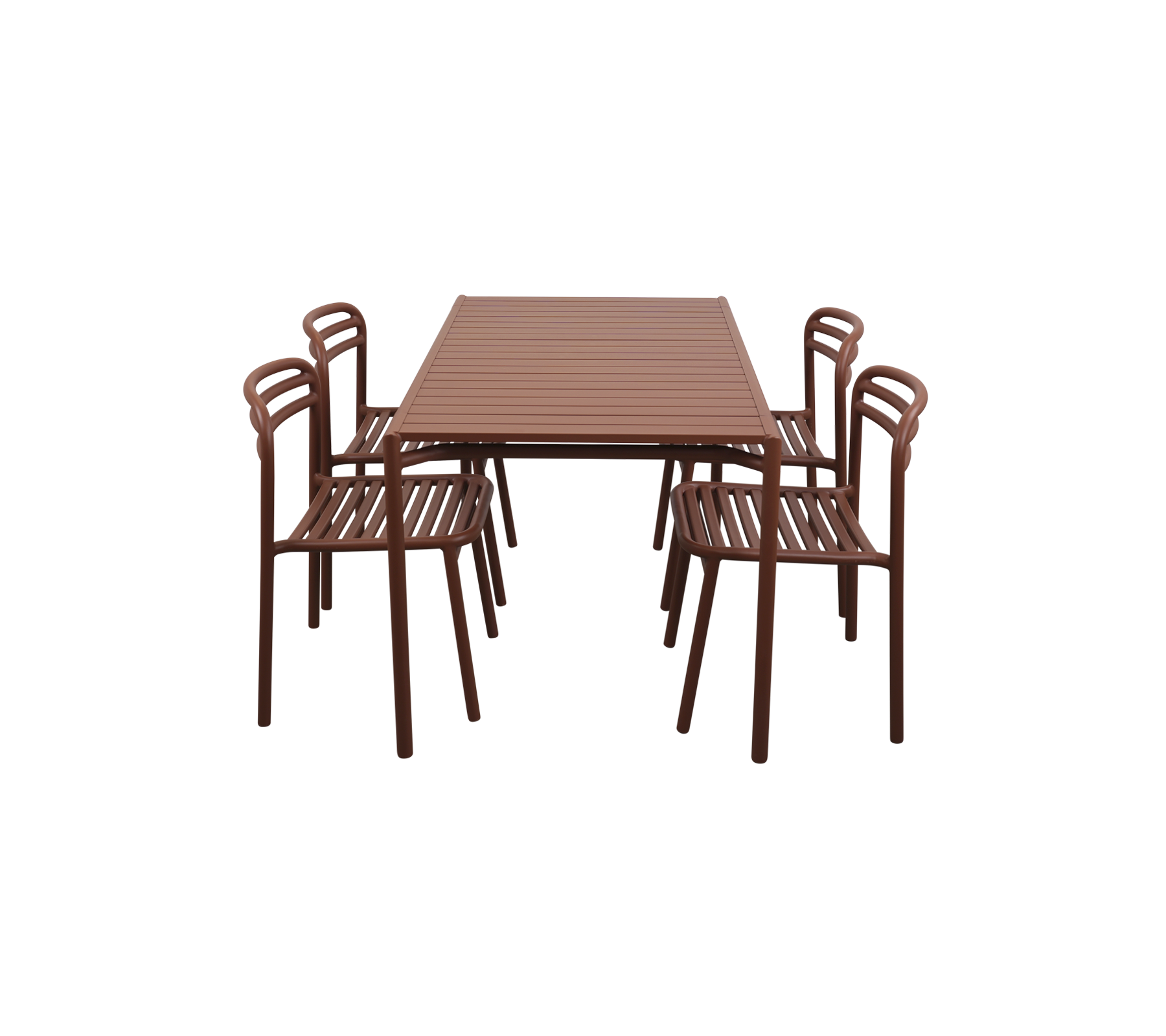 Rektangulärt bord med sex matchande stolar, alla med en elegant brun design och ribbad yta. Ideal för middagar eller sammankomster.