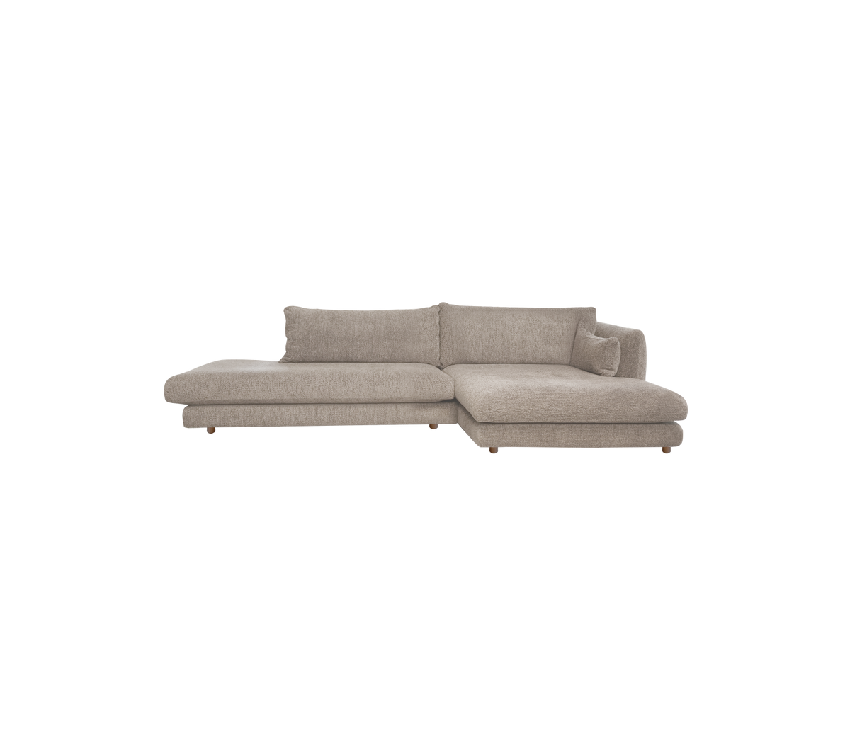 Ljusbrun sektionell soffa med en modern design.