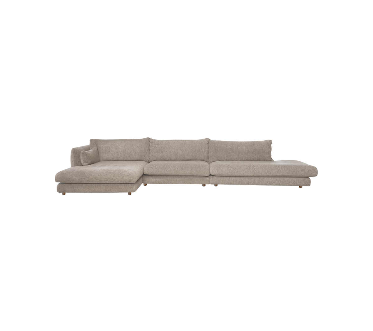 Ljusbrun modern soffa med en slank design och rena linjer.