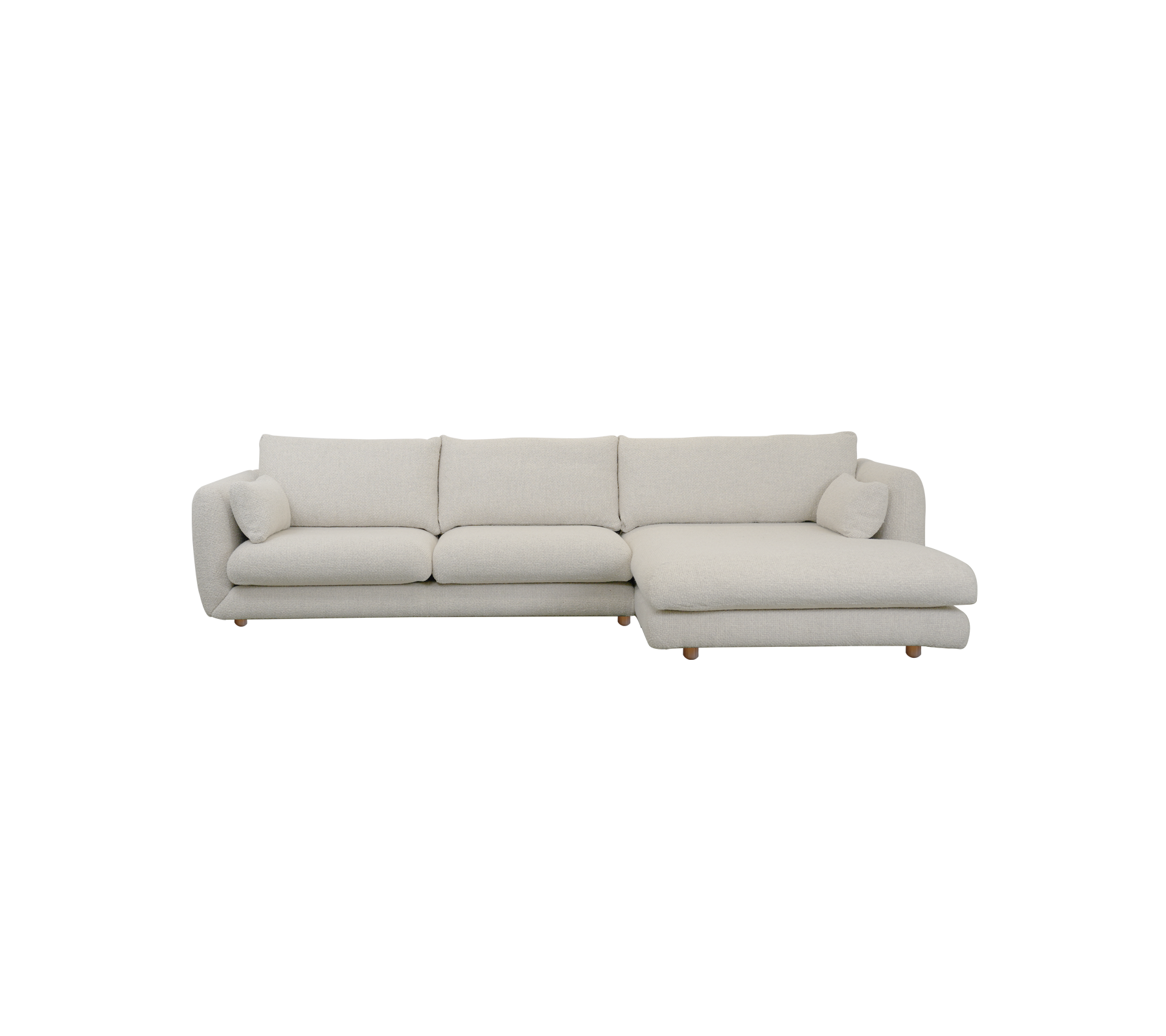 Modern sandfärgad soffa med rena linjer och en minimalistisk design.