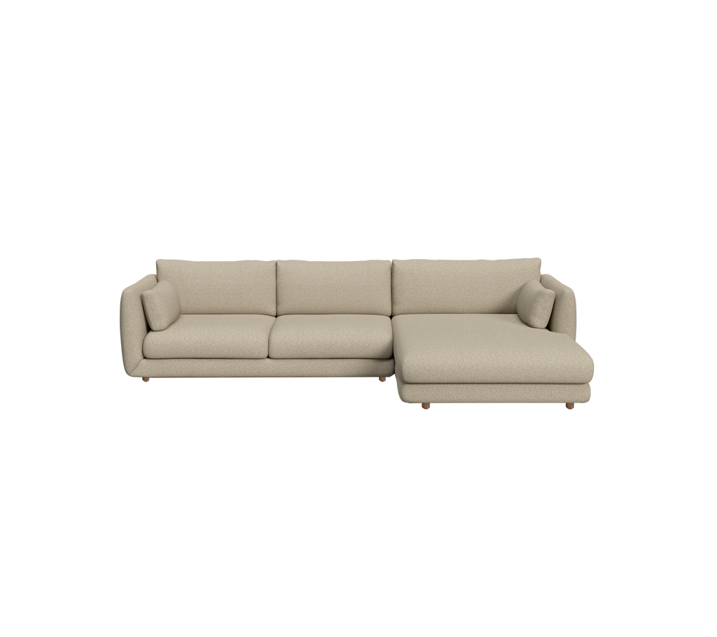 Modern beige soffa med sektionell design.