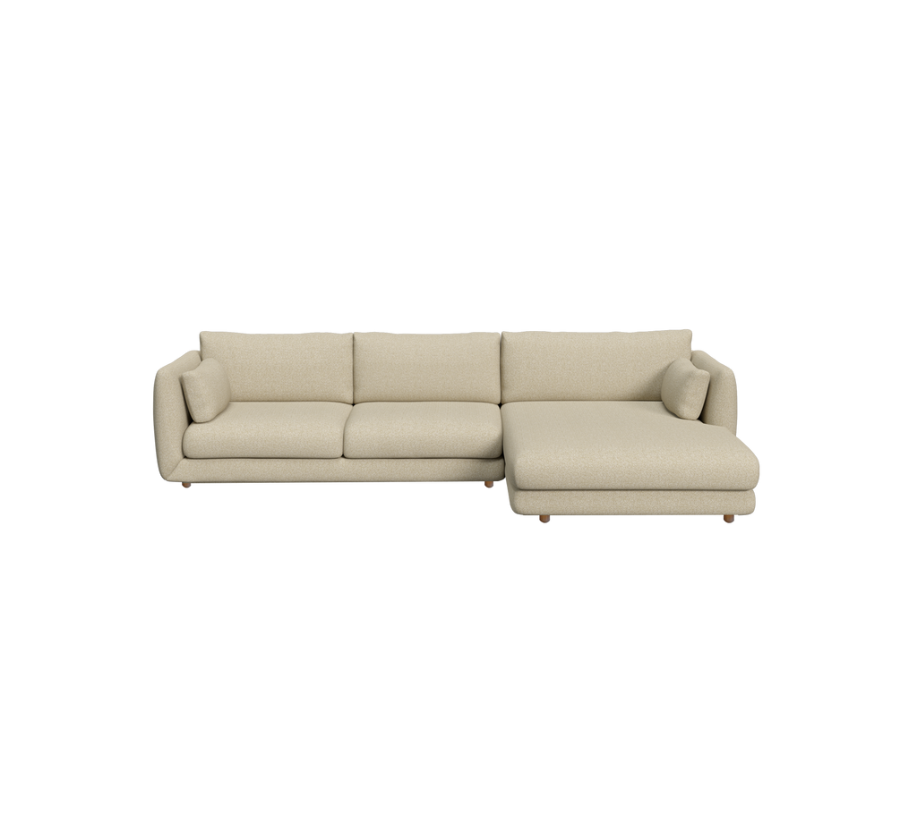 Ljusbrun modern soffa med ett chaiselongdesign.