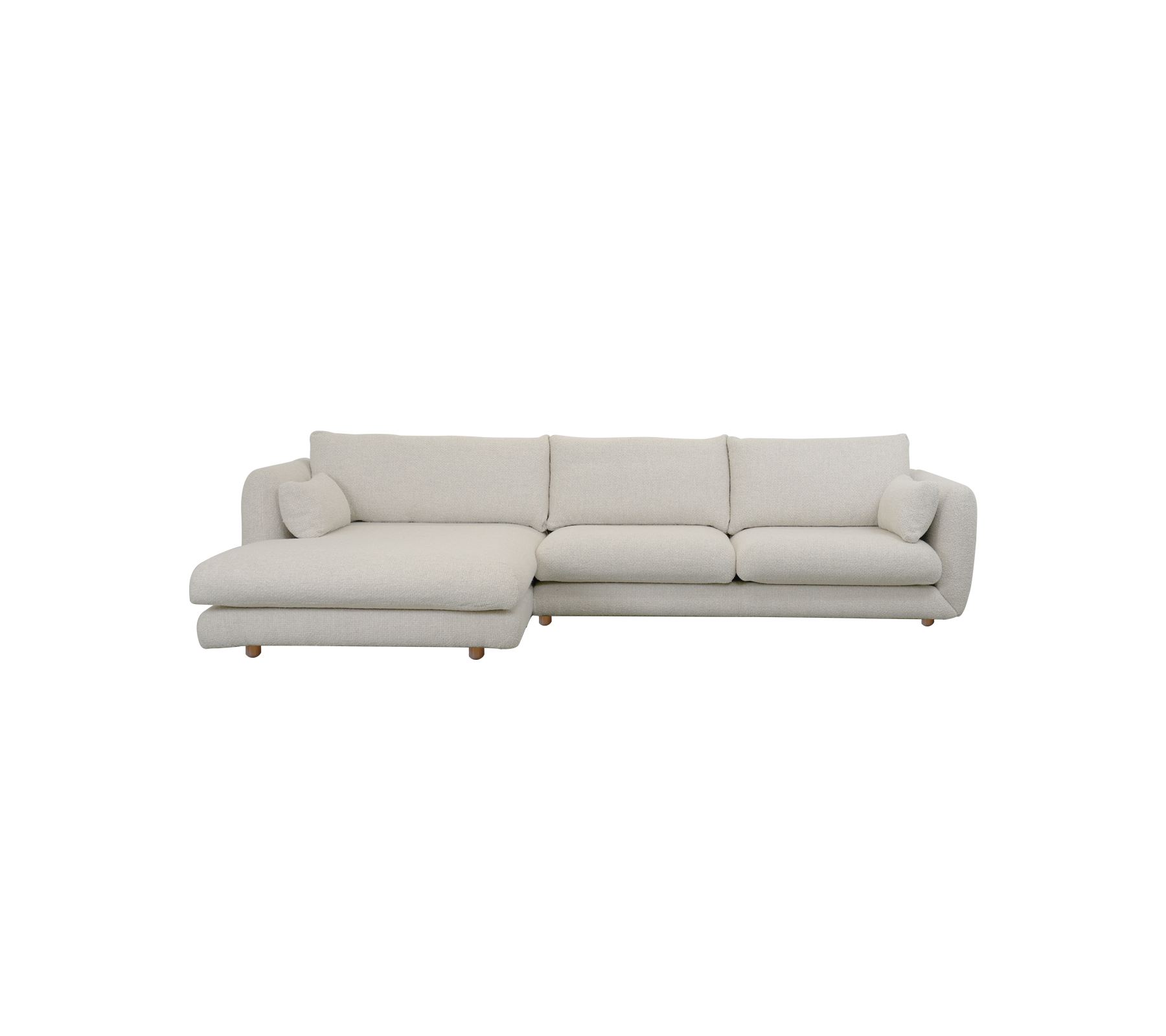 Modern sandfärgad soffa med chaiselongdesign.
