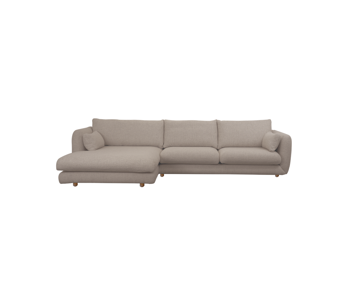 Ljusbrun modern sektionell soffa med fluffiga kuddar.