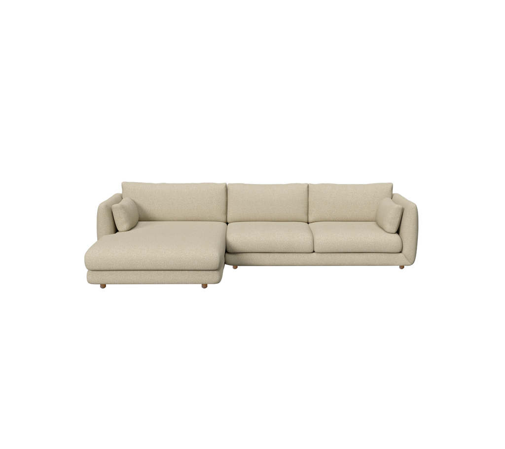Ljust brunt modernt soffan med chaiselongdesign.