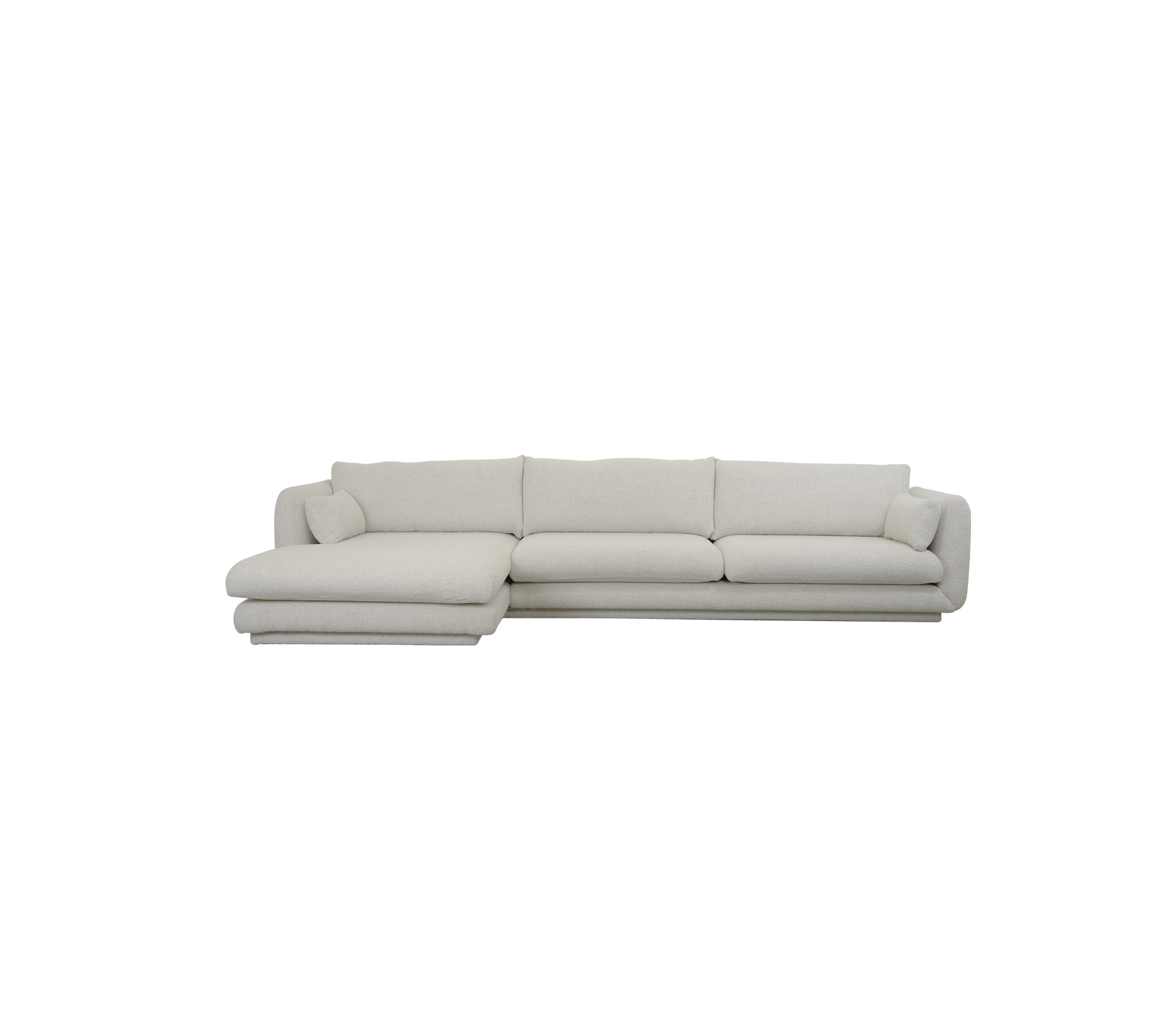 Modern sandfärgad soffa med sektionell design och mjuka kuddar.