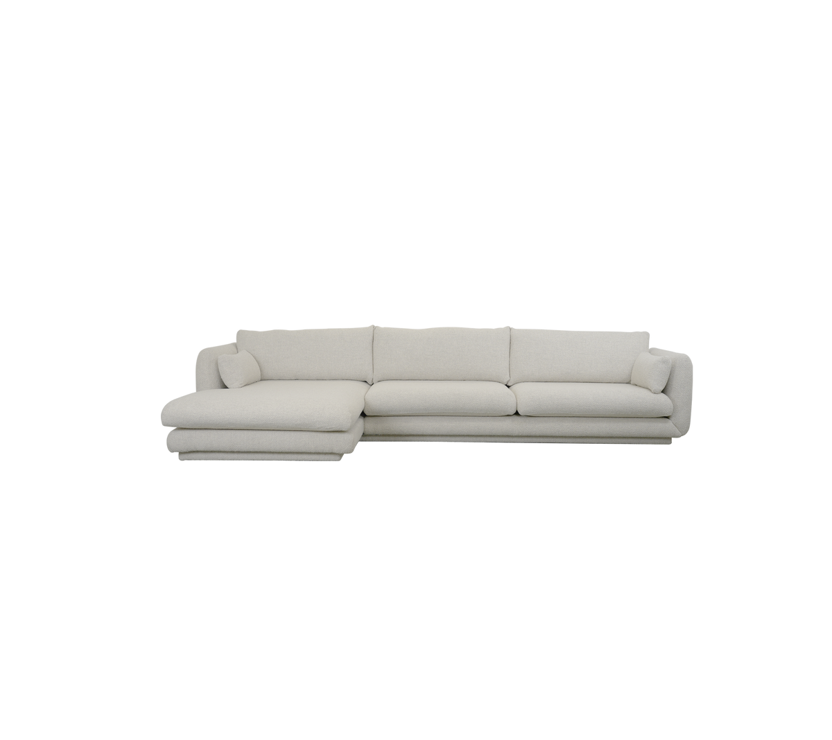 Modern sandfärgad soffa med sektionell design och mjuka kuddar.