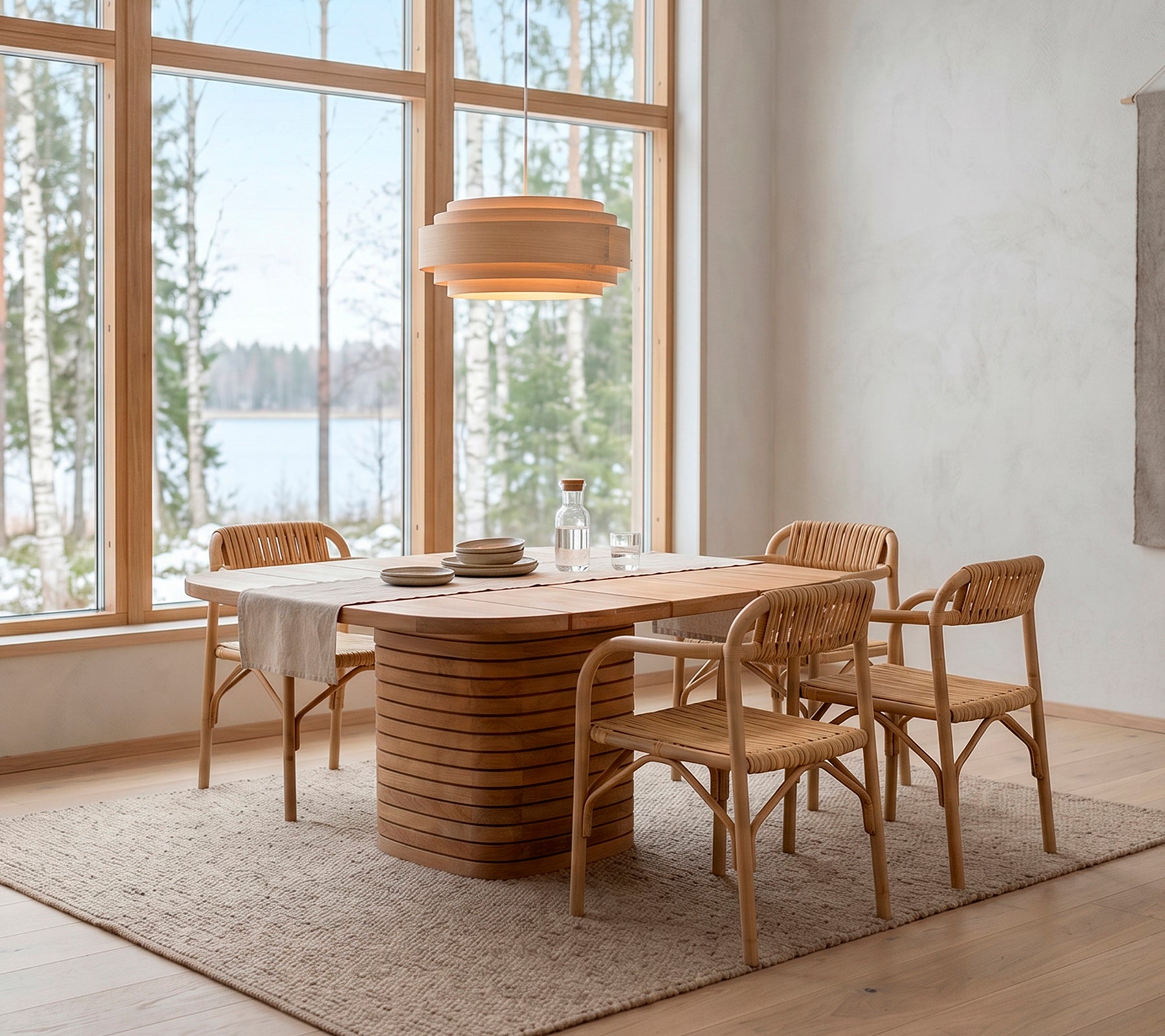 Modernt trämatbord omgiven av rottingsstolar i en skandinavisk miljö.