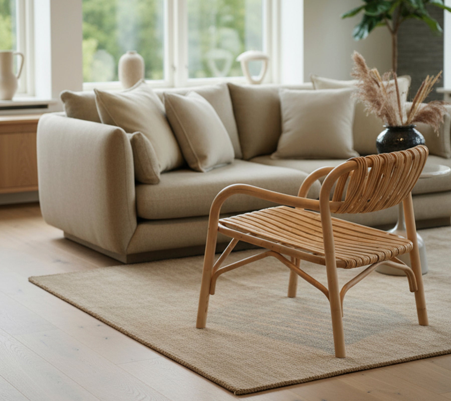 Modern vardagsrum med en beige soffa och en vävd stol.