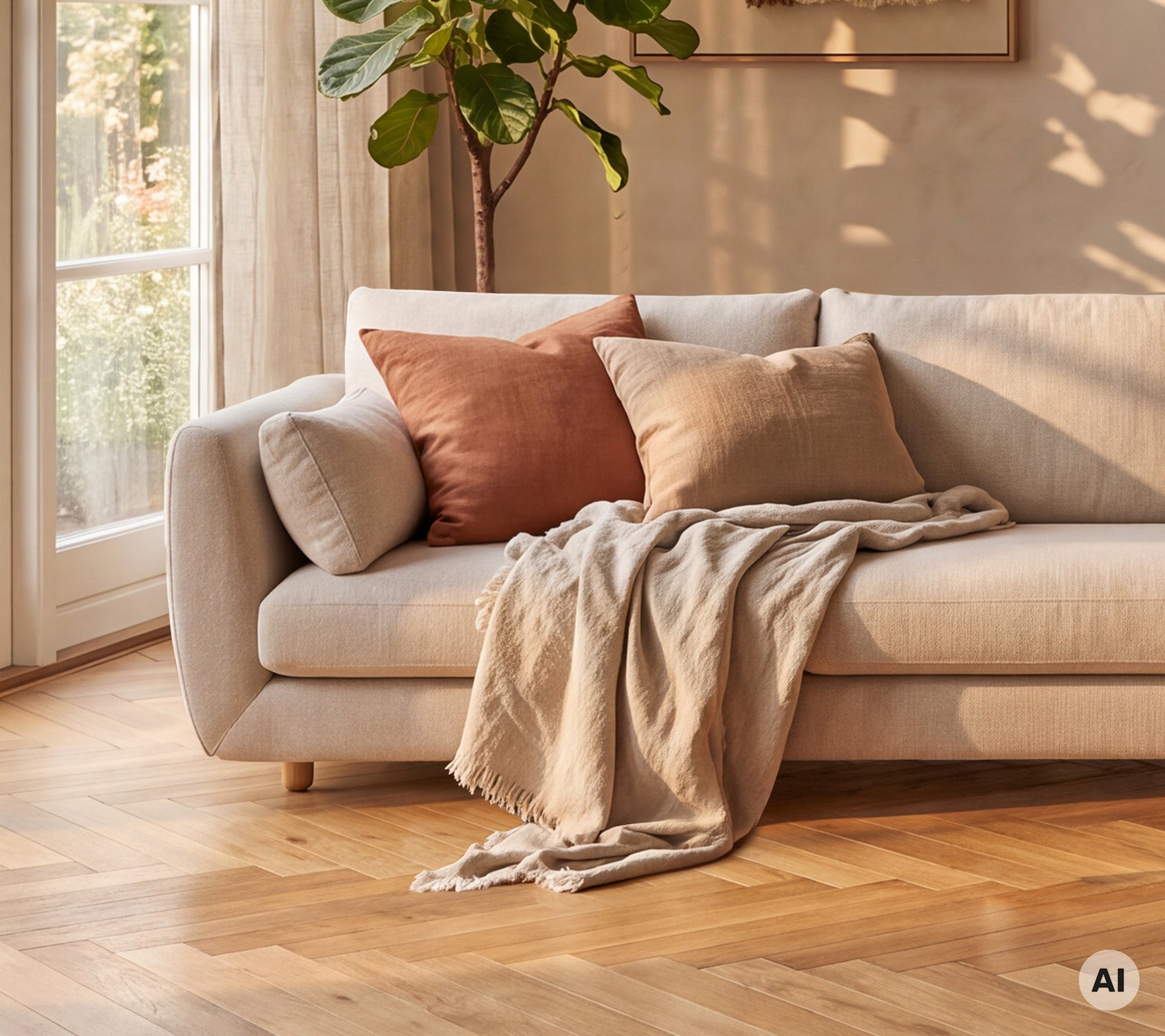 Modern beige soffa prydd med bruna och ljusgrå kuddar, accentuerad med en krämfärgad filt.