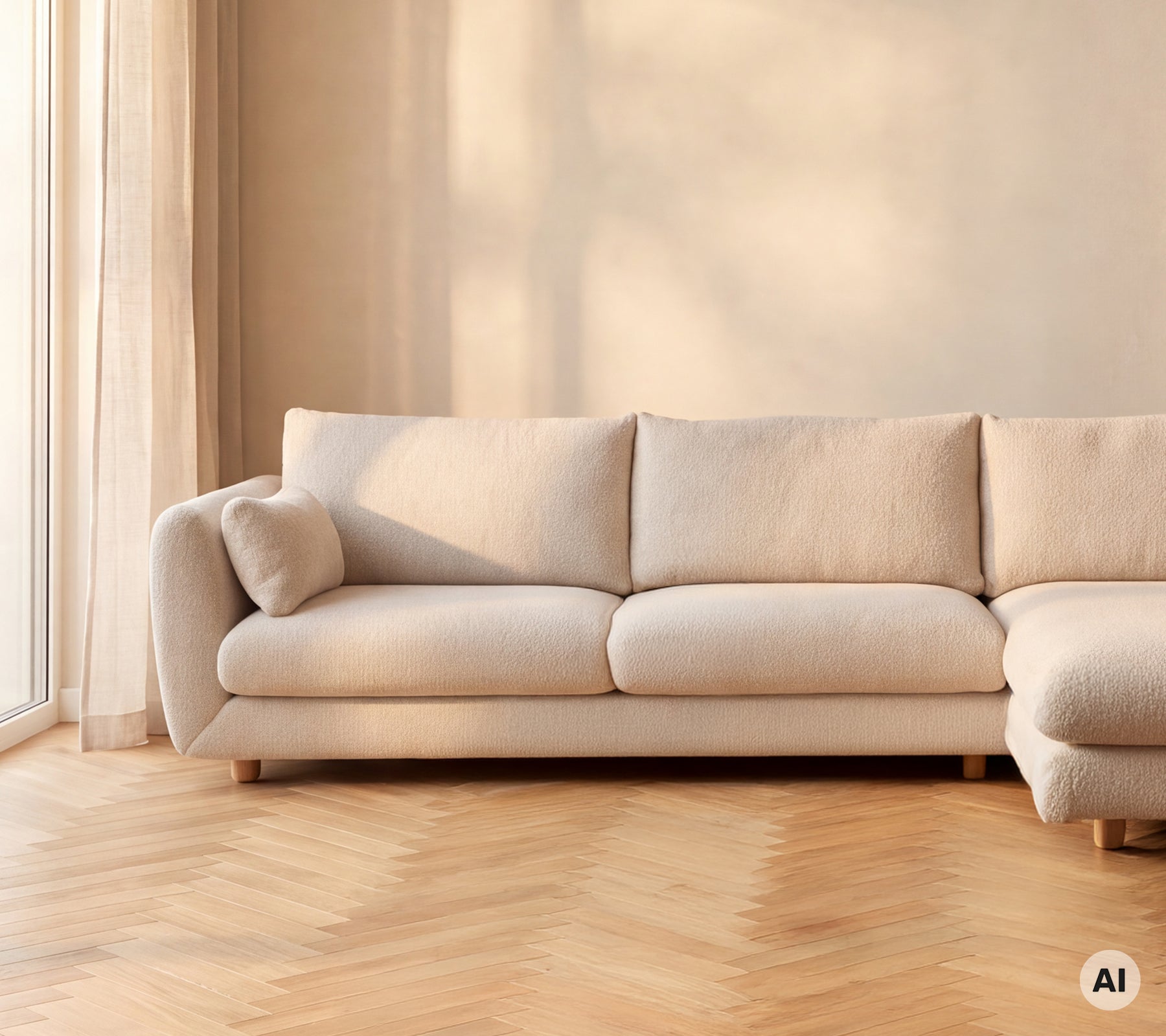 Beige soffa placerad mot en ljus vägg i en modern loungeinställning.