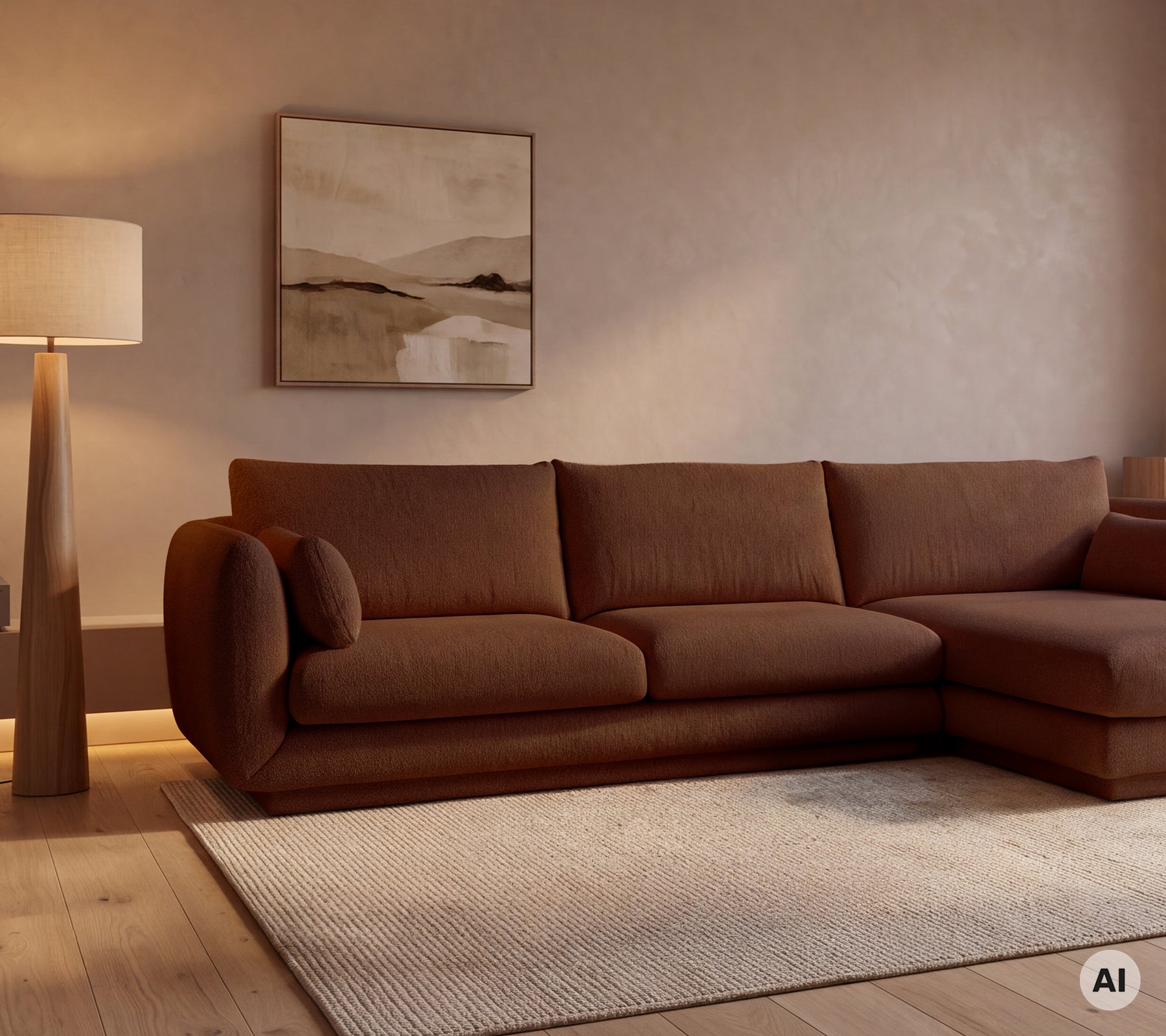 Brun modern soffa med en beige matta och en golvlampa i en mysig loungemiljö.