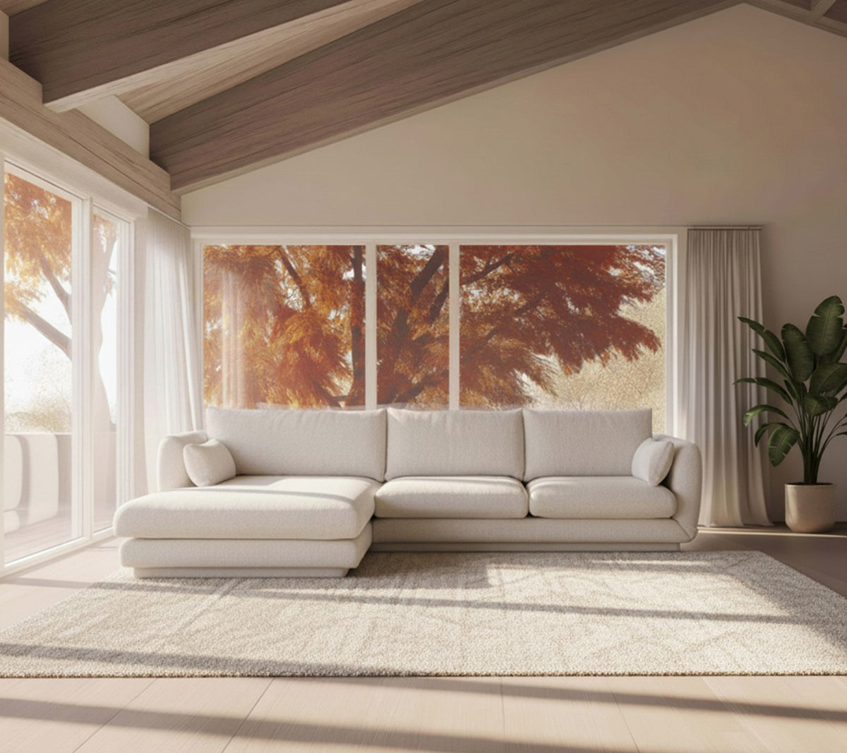 Modern vit soffa och beigt mattor i en minimalistisk loungeinställning.