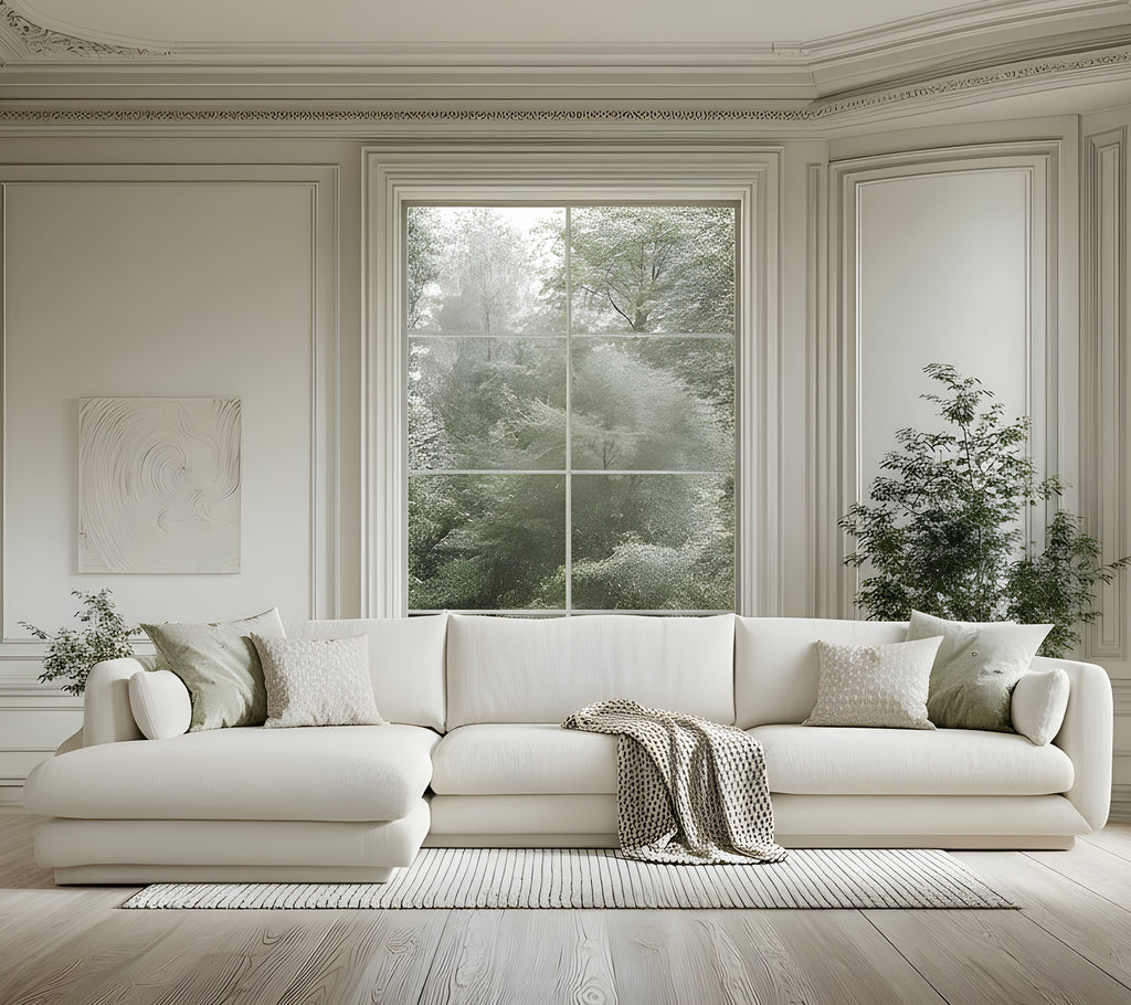Modern vit soffa med gröna kuddar och en grå filt i en minimalistisk vardagsrumsmiljö.