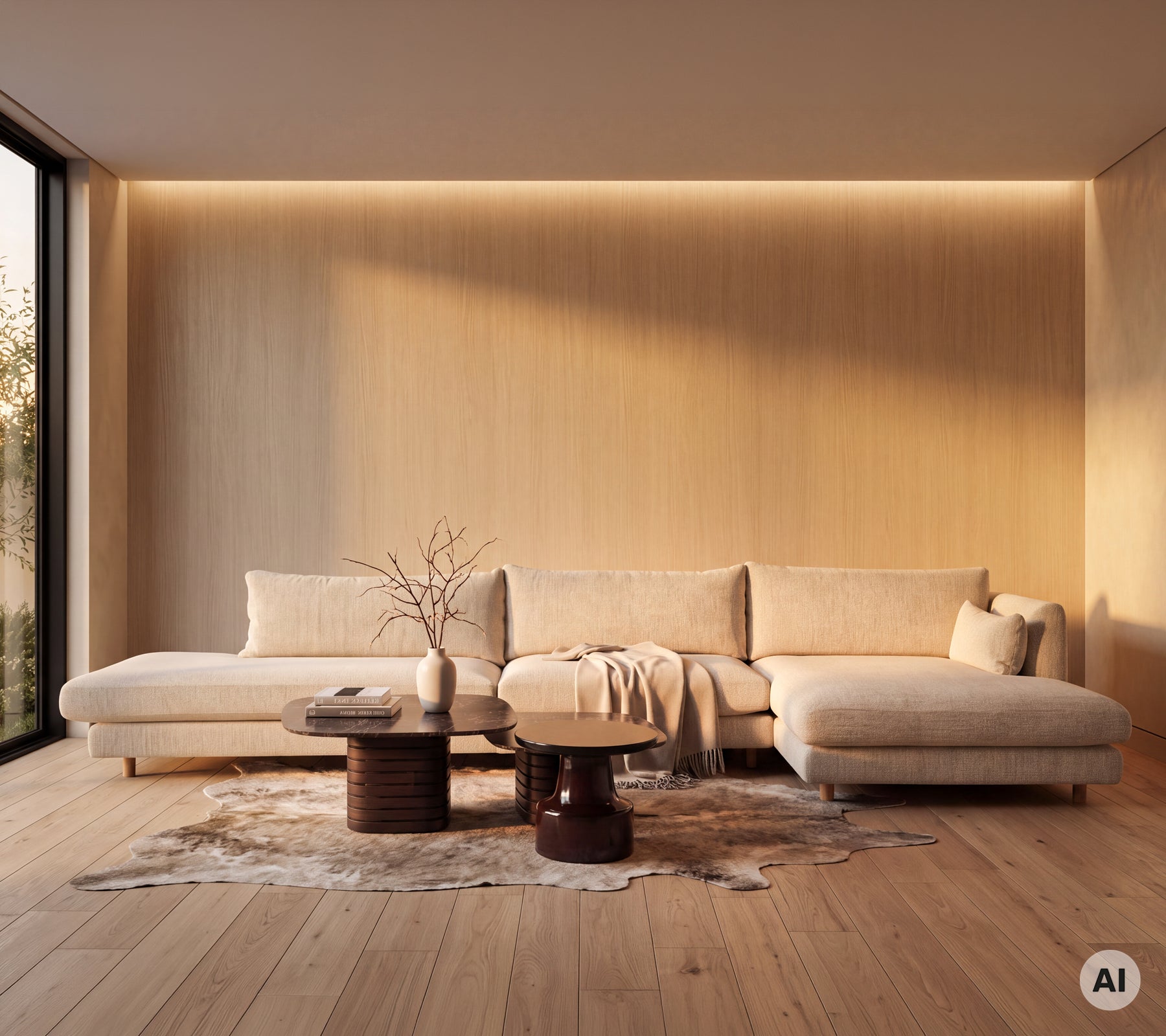 Modern lounge med en beige soffa, rund träbord och vit matta.
