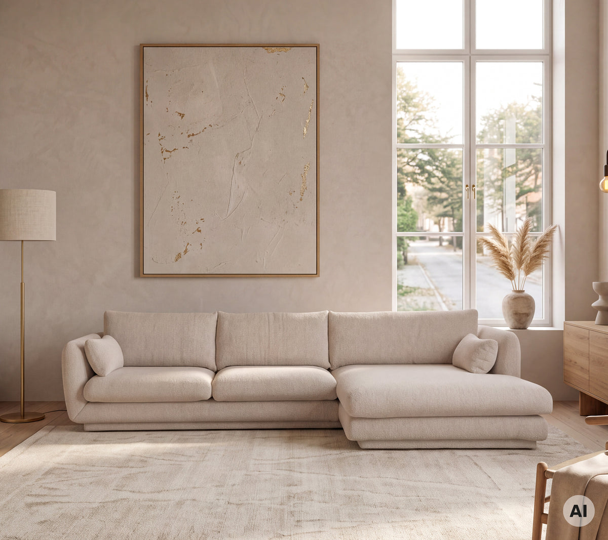 Beige modern soffa i en minimalistisch lounge-miljö med stora fönster.