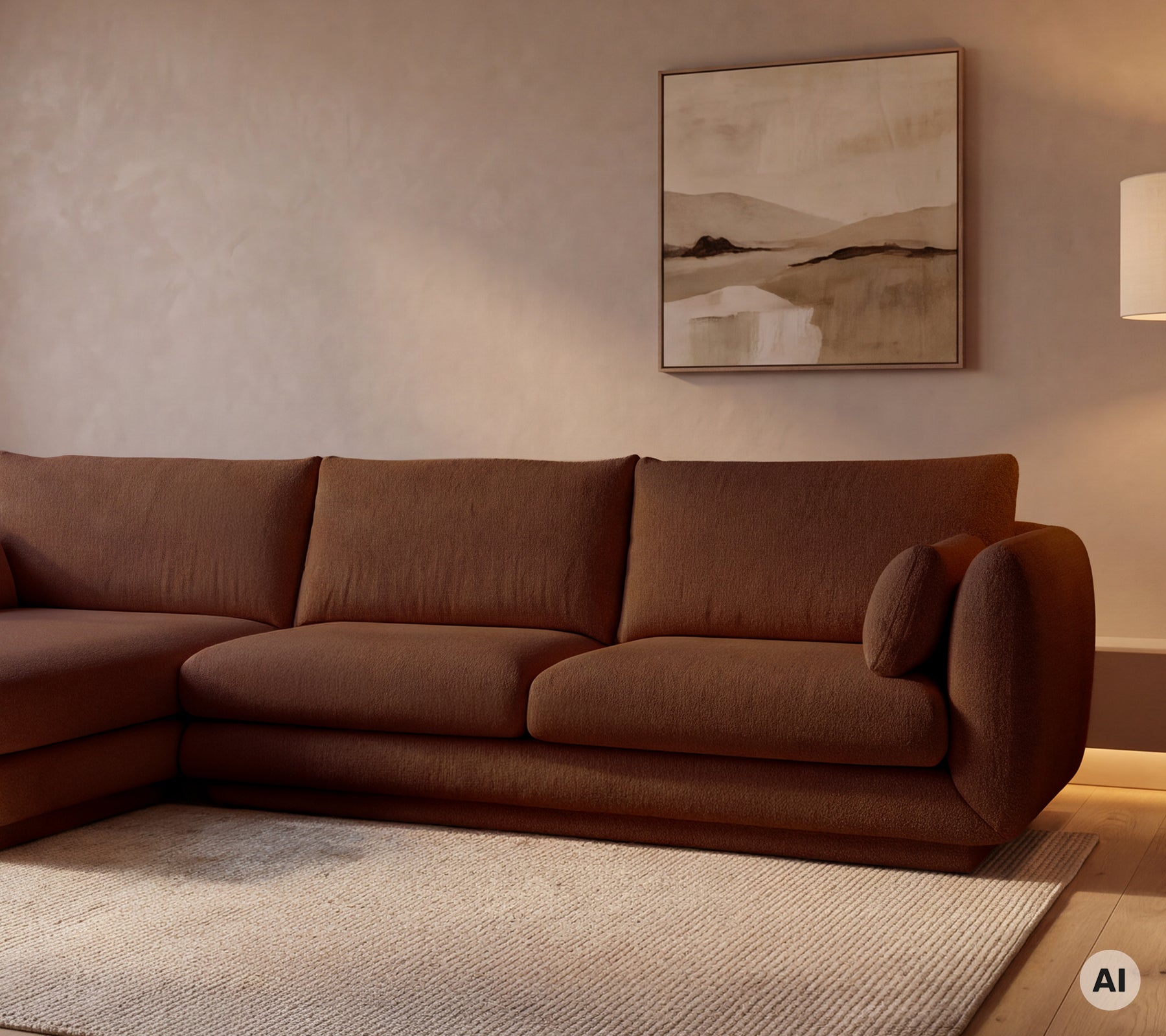 Modern brun soffa i en stilig loungeinställning.