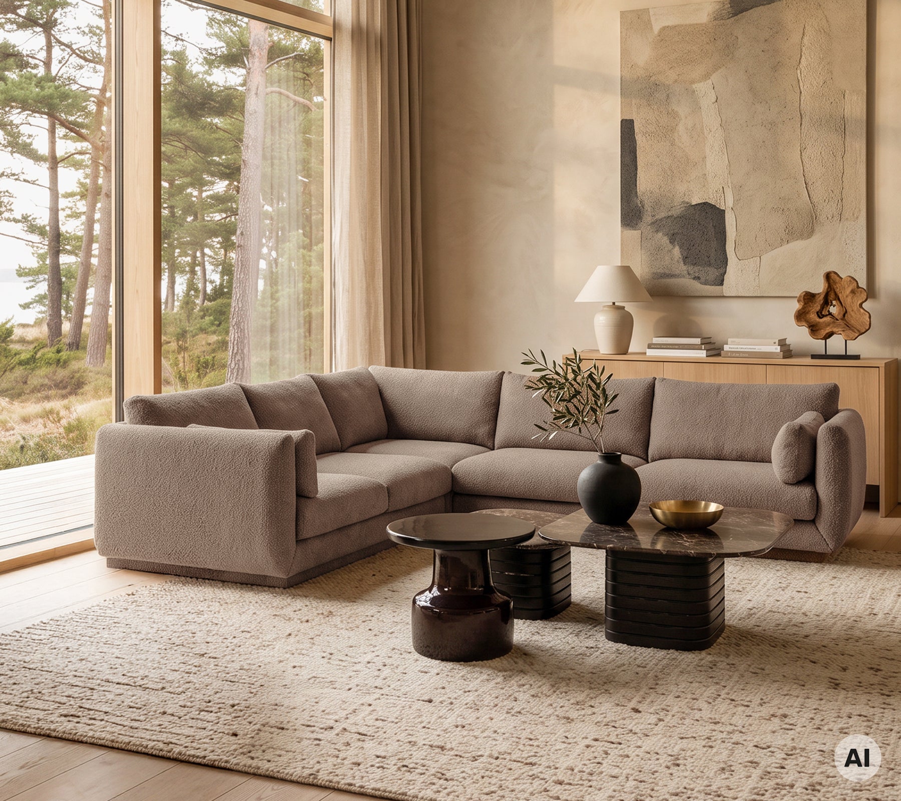 Modern lounge med en beige soffa, ett svart bord och en grå matta.
