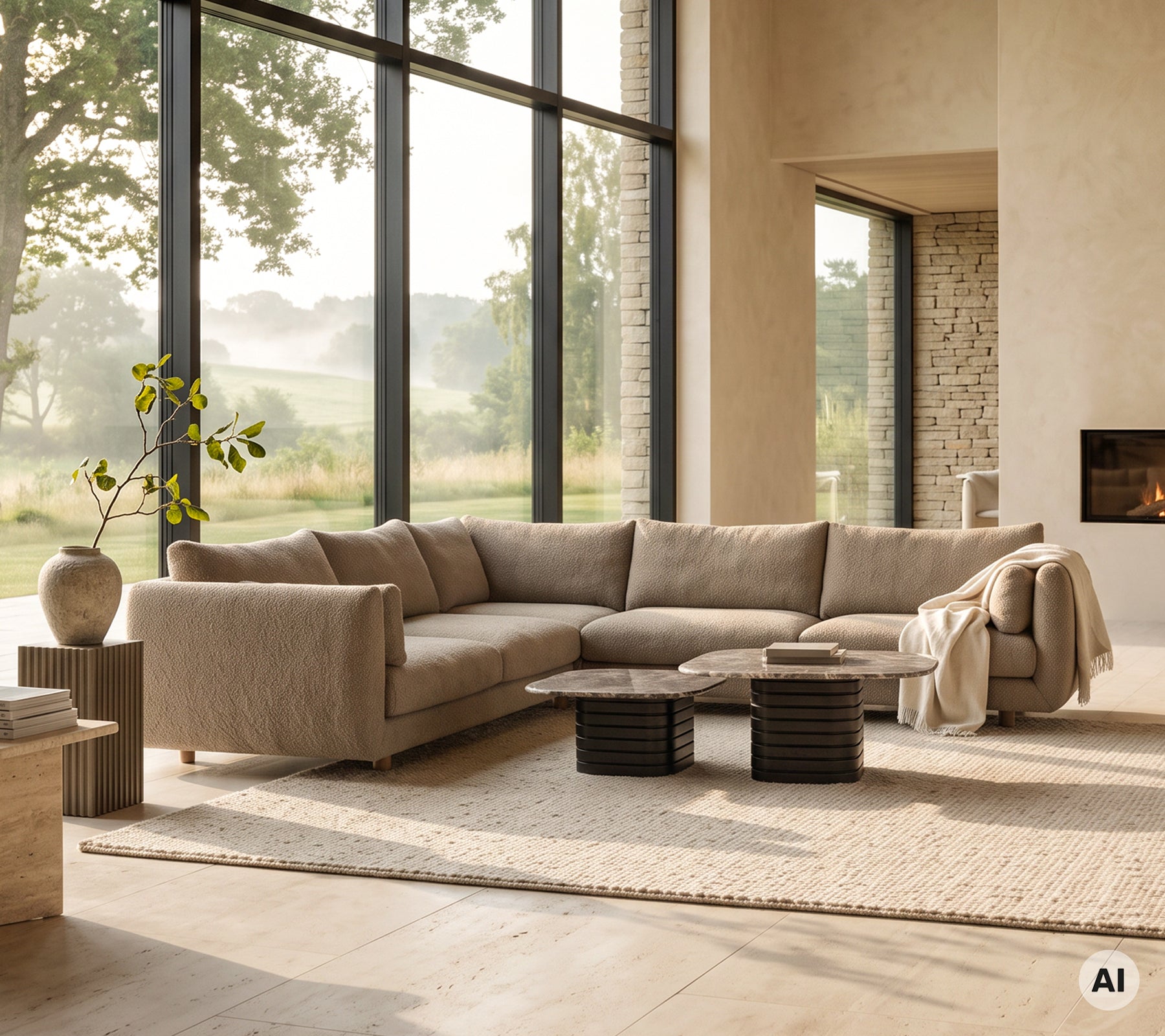 Beige sektionsoffa med grått överkast, svarta sidobord och en rund vas i en modern loungeinställning.