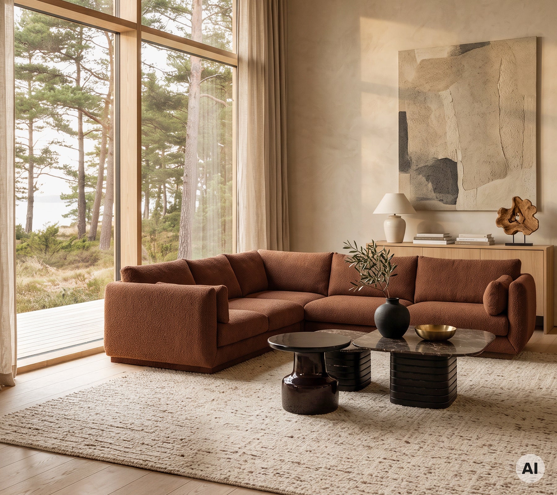 Modern brun soffa med ett svart soffbord och dekorativ vas i ett minimalistiskt vardagsrum.