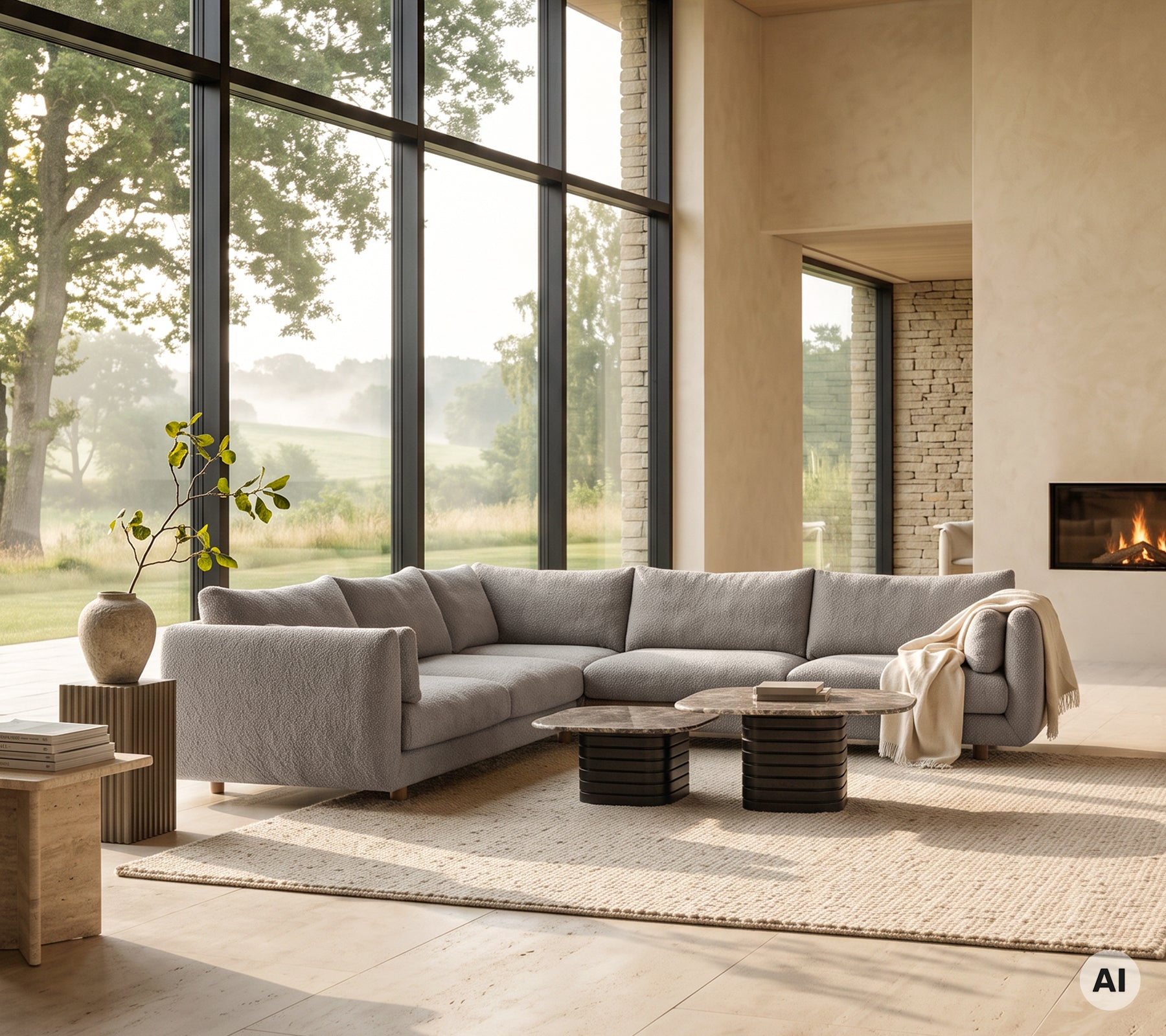 Modern lounge med en grå sektionell soffa, svart soffbord och beige matta.