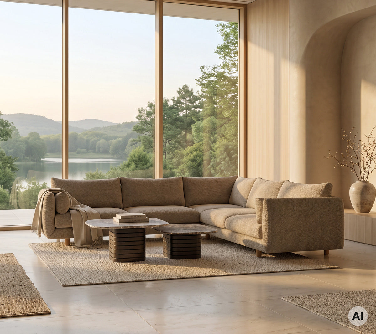Beige sektionsoffa med ett soffbord i trä och en ljus matta i en modern loungeinställning.