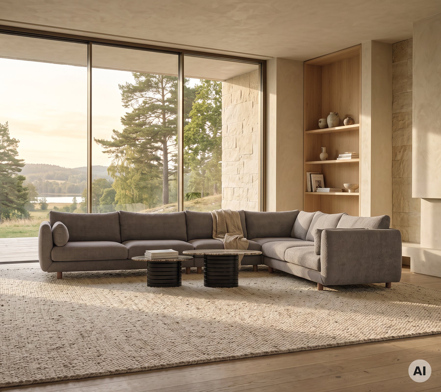 Modern grå soffa i kombination med svart soffbord i ett rymligt loungeområde.