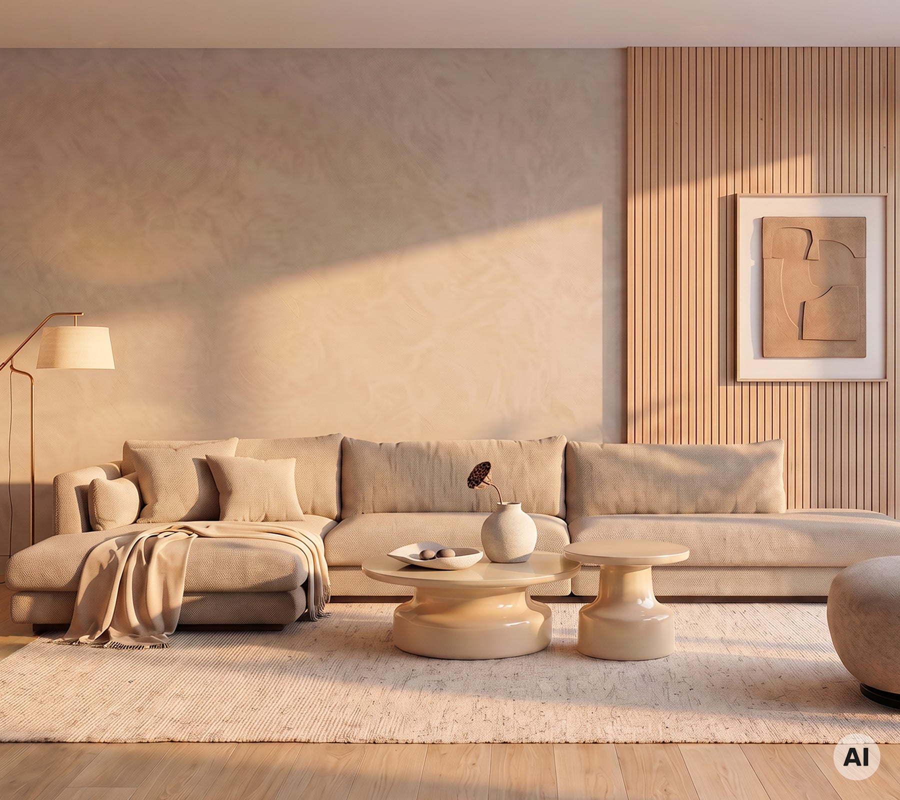 Beige soffa med kuddar och ett runt soffbord i en modern lounge-miljö.