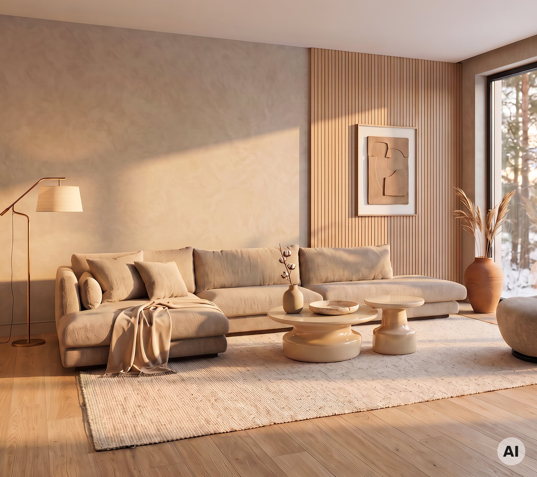 Modern lounge med en beige soffa, ljusbeige matta, träkaffebord och en beige puff.