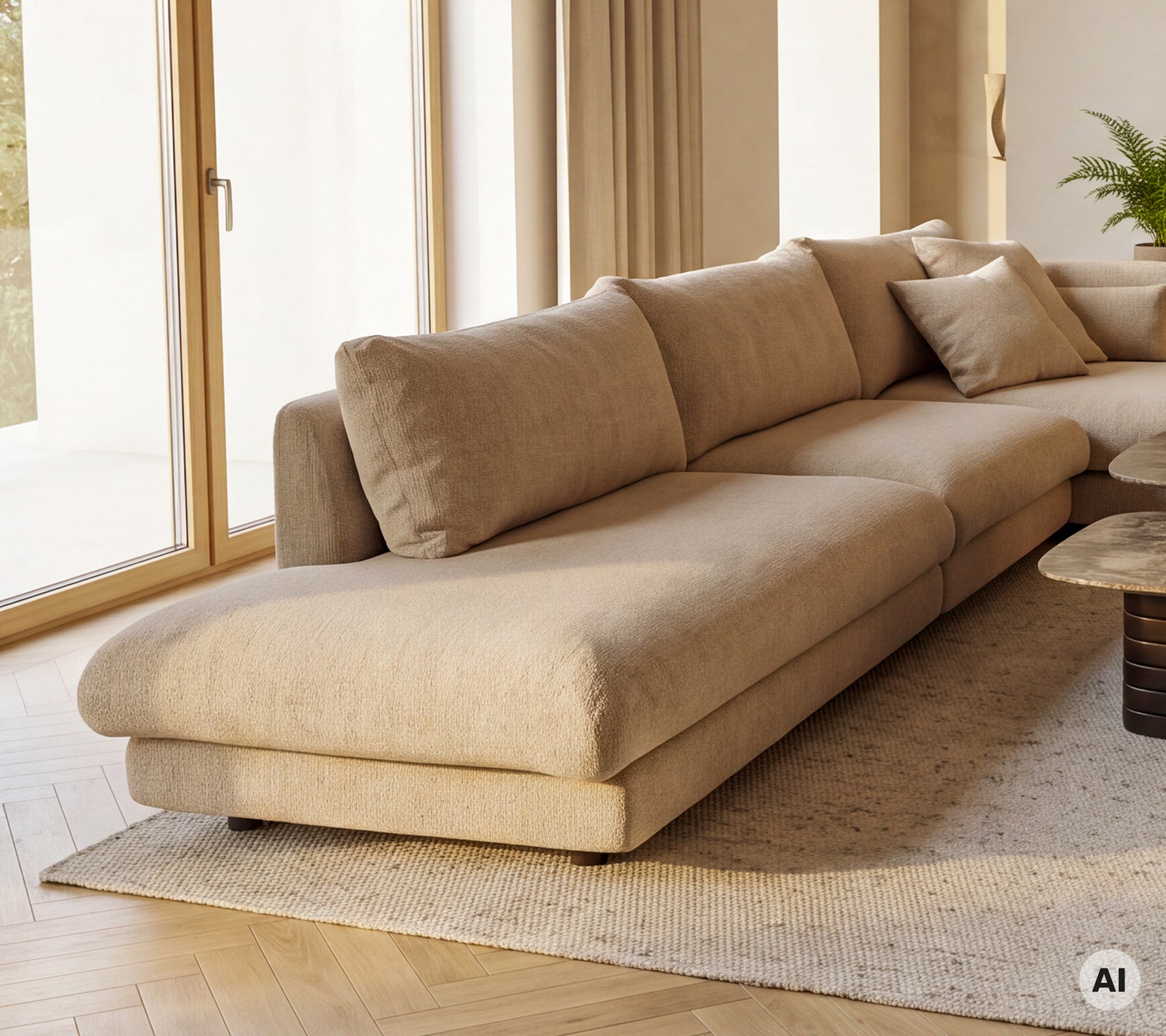 Beige chaiselongsofamodul med kuddar i en modern loungeinställning.