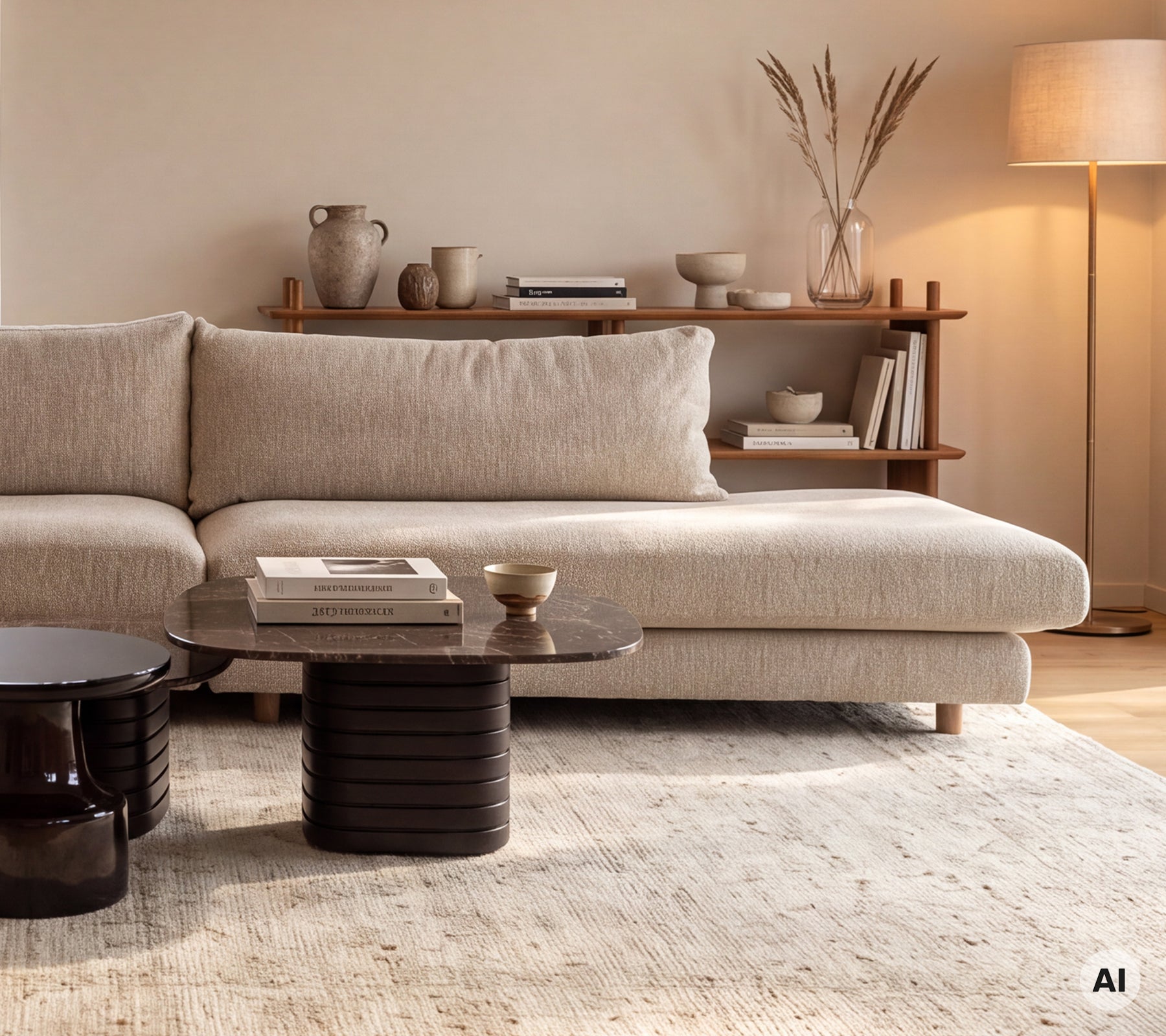 Beige soffa i kombination med ett svart bord i en modern lounge-miljö.