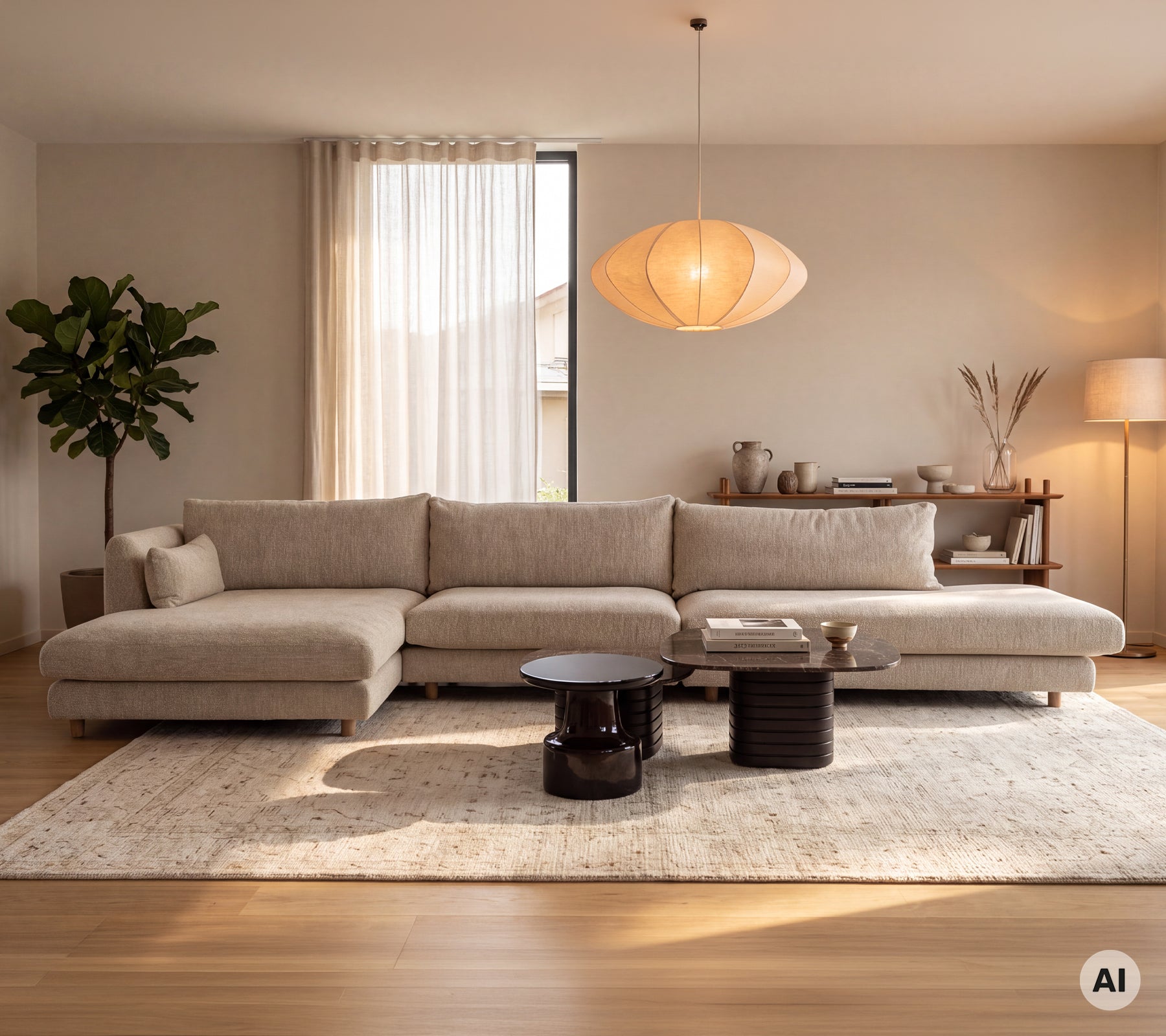 Modern lounge med en ljus soffmodul och svarta sidobord i en minimal miljö.
