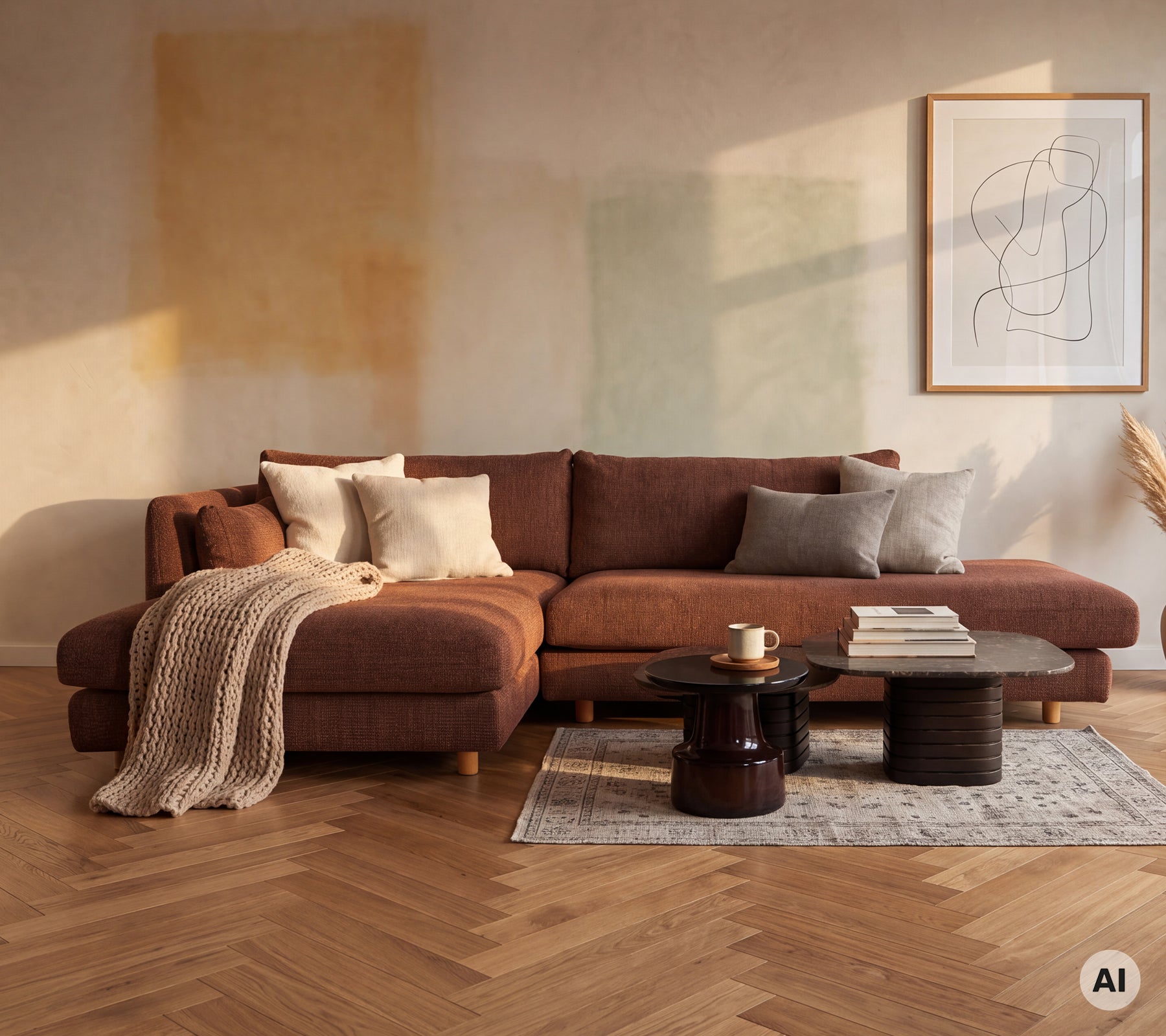Modern lounge med en brun soffa, grå kuddar och ett svart soffbord.